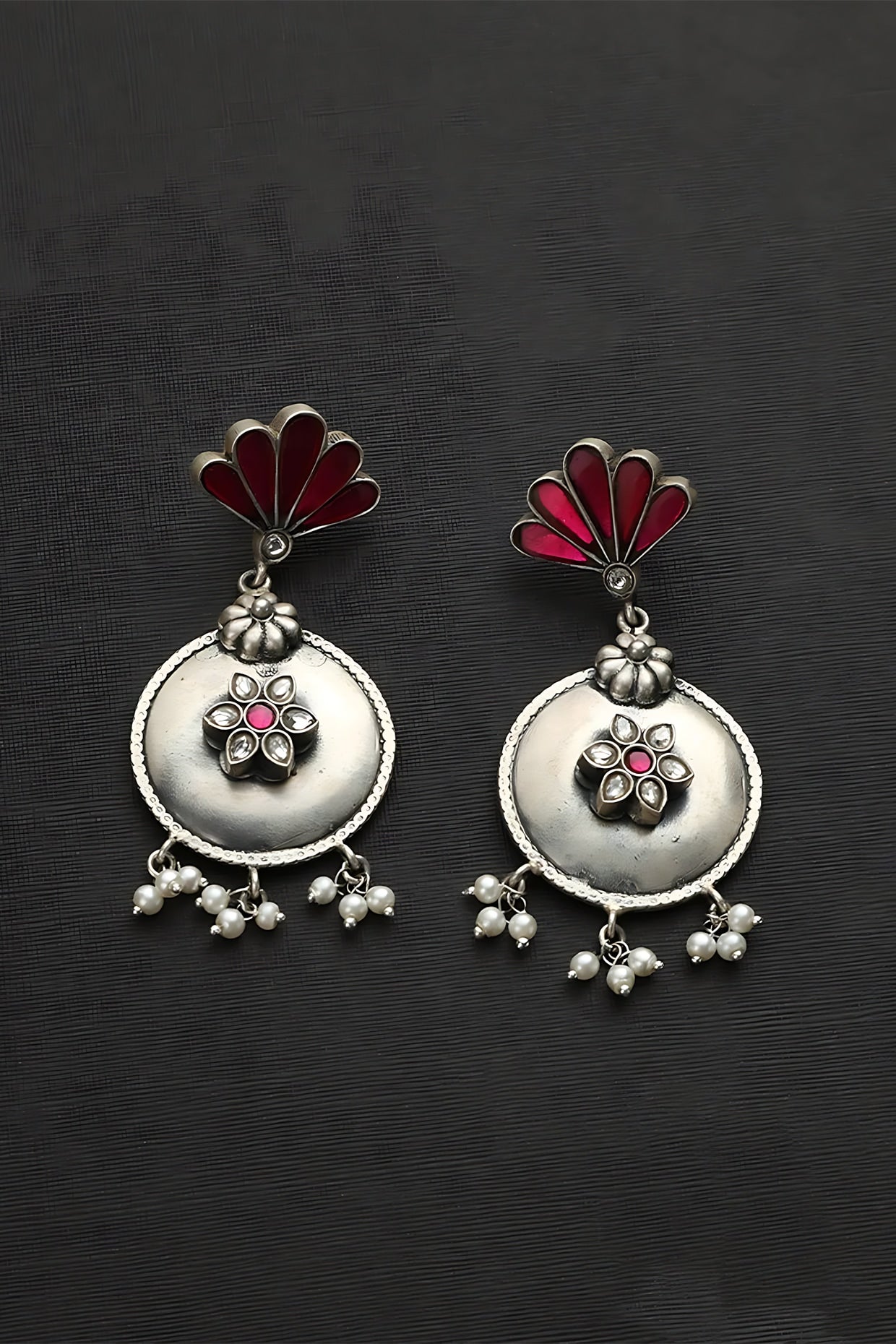 White Finish Pink Kundan Polki & Pearl Temple Earrings In Sterling Silver