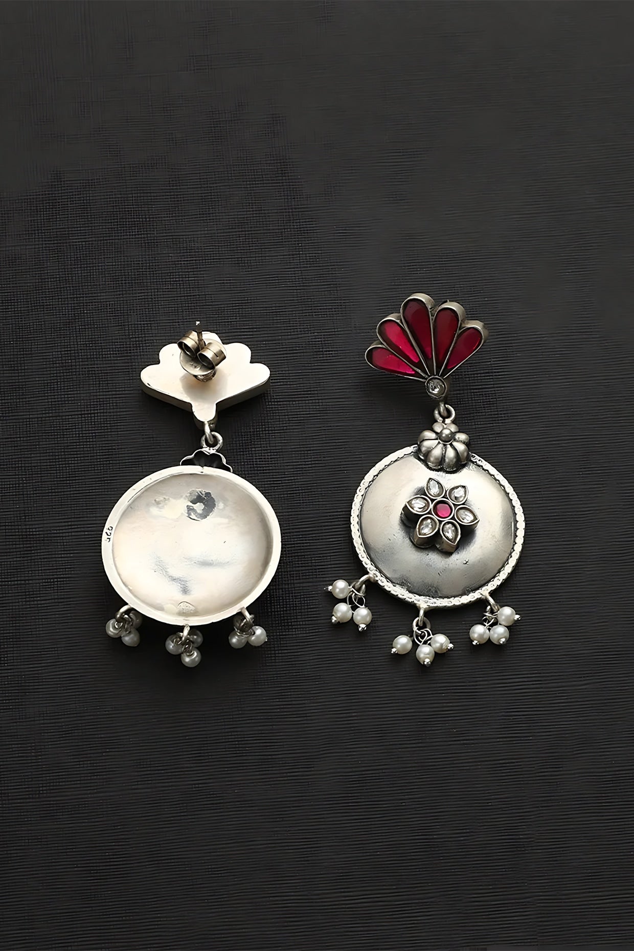 White Finish Pink Kundan Polki & Pearl Temple Earrings In Sterling Silver