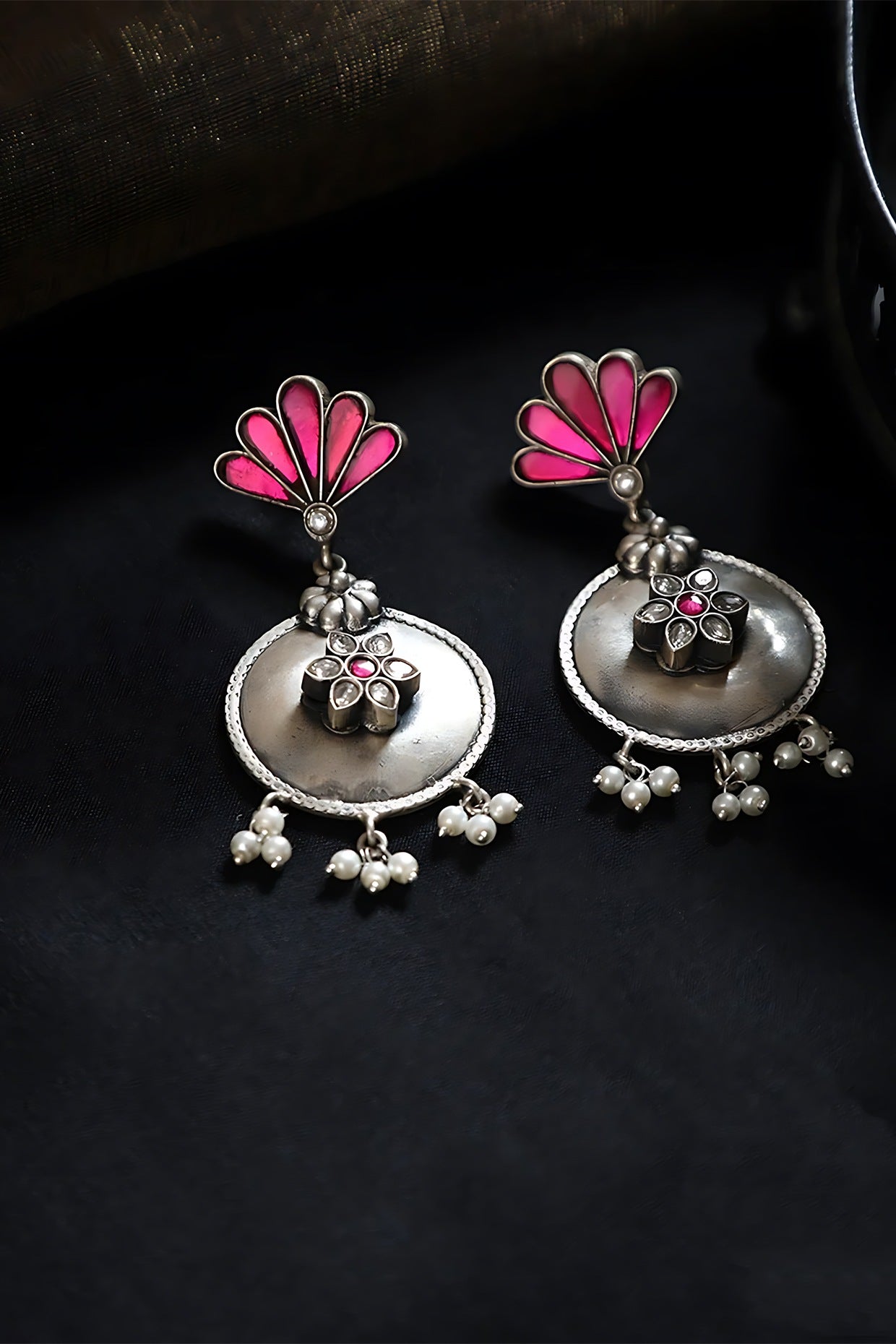 White Finish Pink Kundan Polki & Pearl Temple Earrings In Sterling Silver