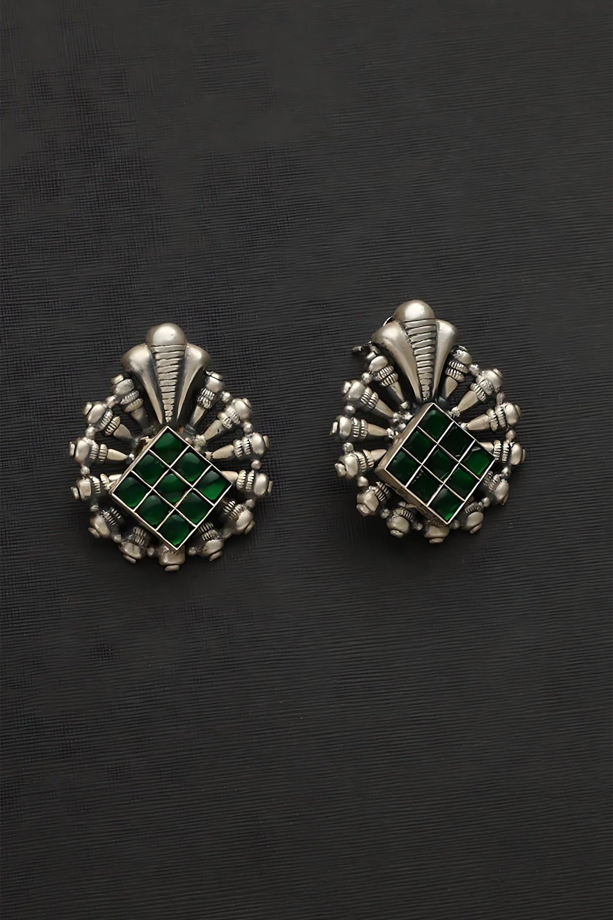 White Finish Green Kundan Polki Temple Earrings In Sterling Silver