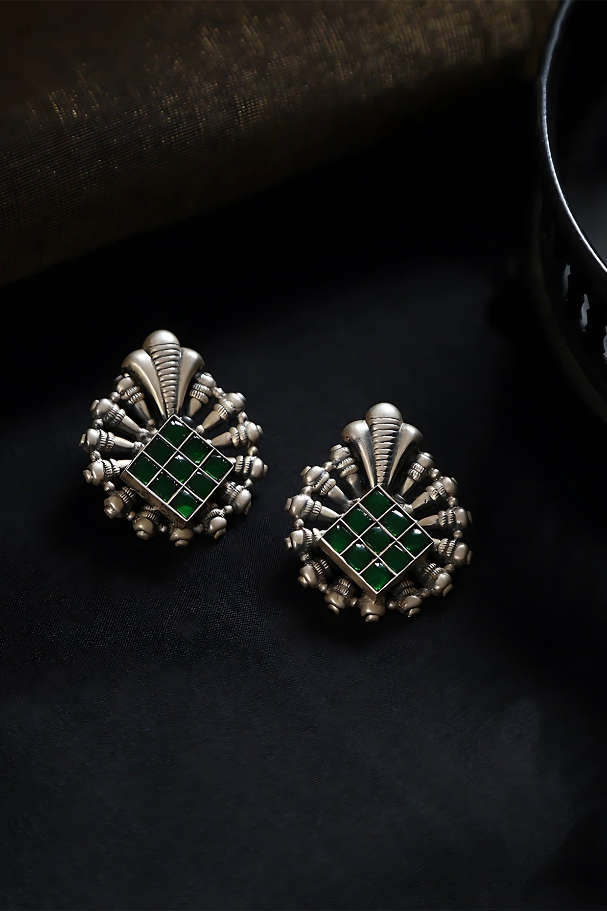 White Finish Green Kundan Polki Temple Earrings In Sterling Silver