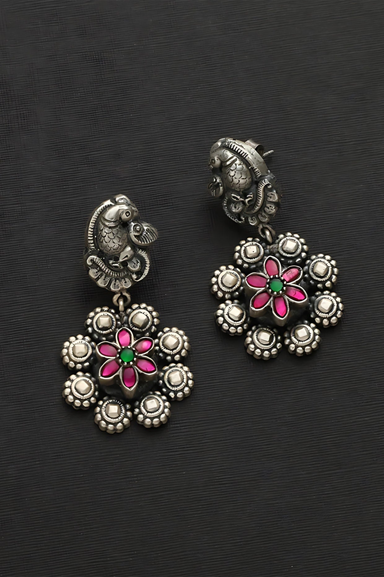 White Finish Pink Kundan Polki Peacock Floral Temple Earrings In Sterling Silver