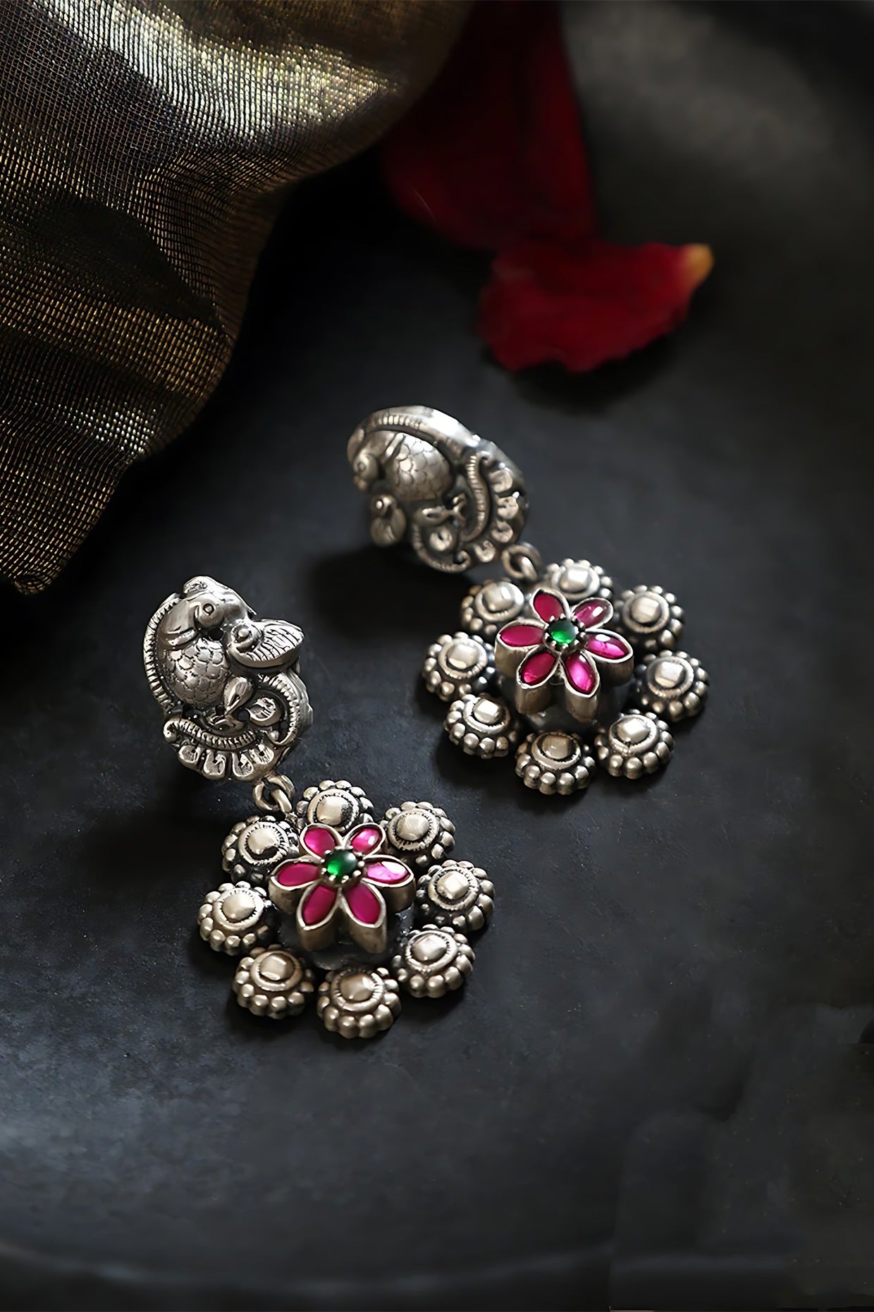 White Finish Pink Kundan Polki Peacock Floral Temple Earrings In Sterling Silver