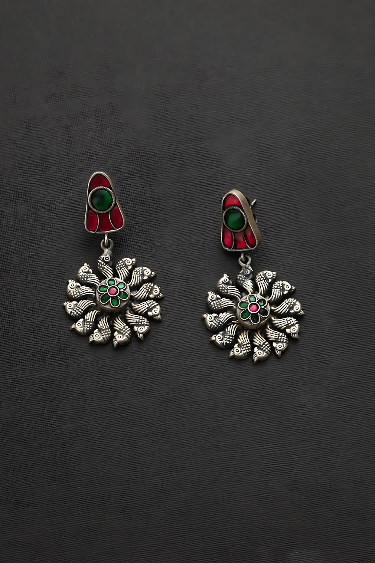 White Finish Red & Green Kundan Polki Peacock Temple Earrings In Sterling Silver