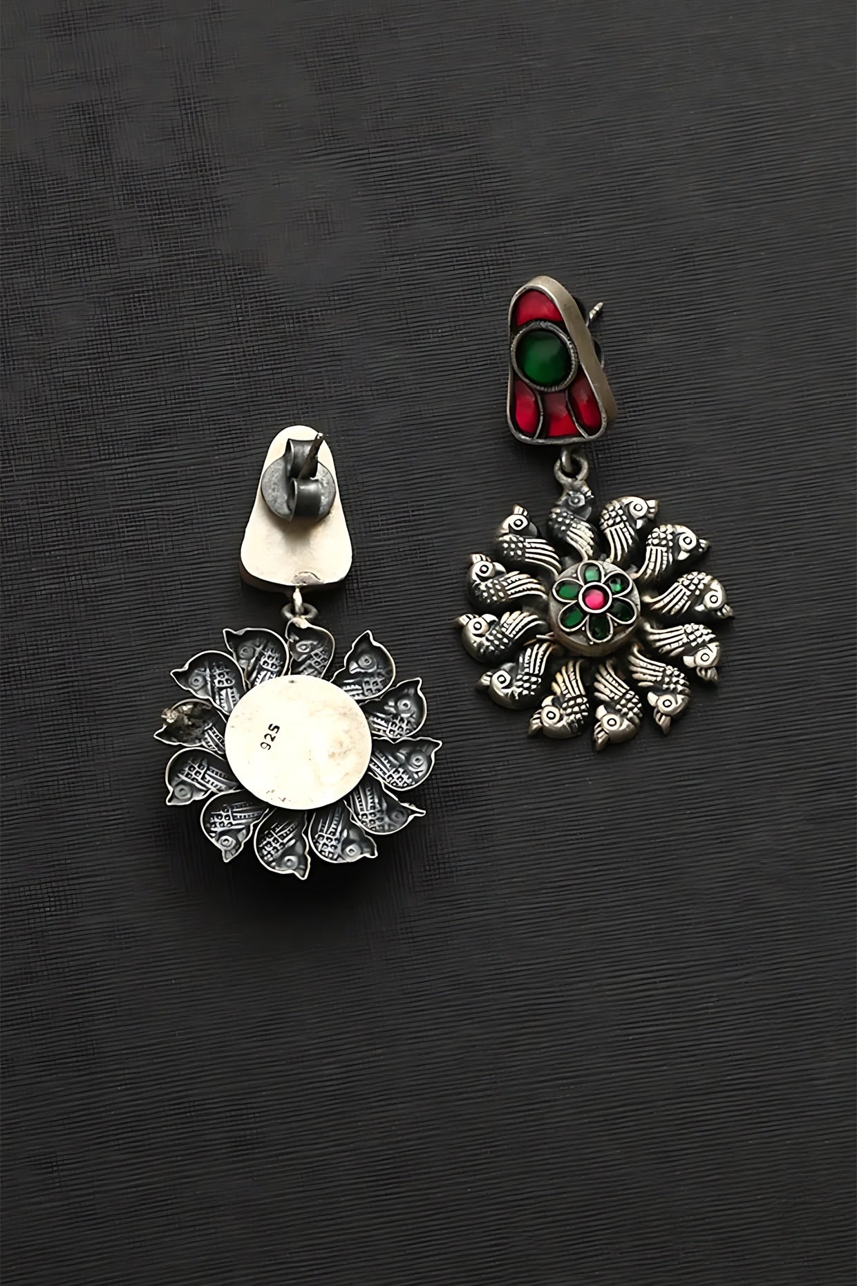 White Finish Red & Green Kundan Polki Peacock Temple Earrings In Sterling Silver