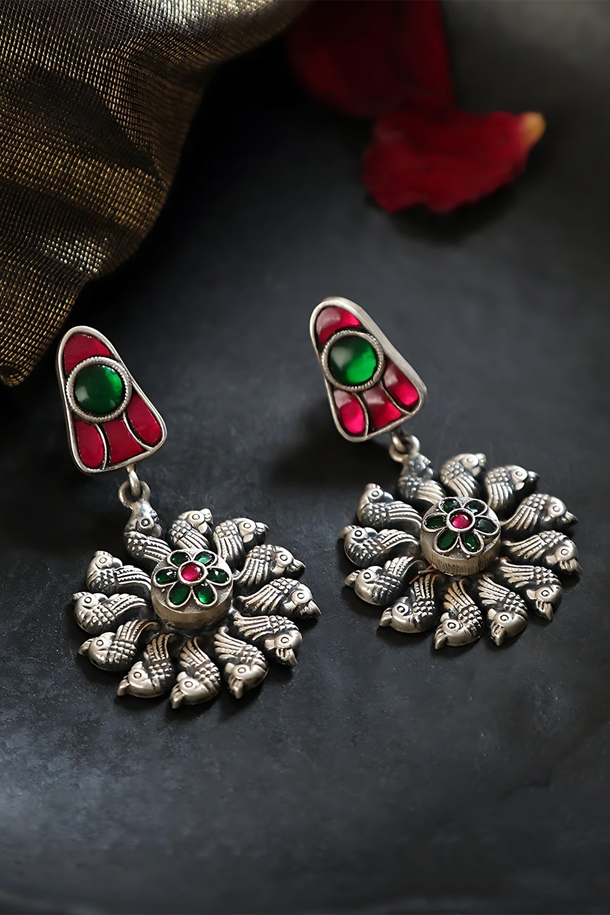 White Finish Red & Green Kundan Polki Peacock Temple Earrings In Sterling Silver