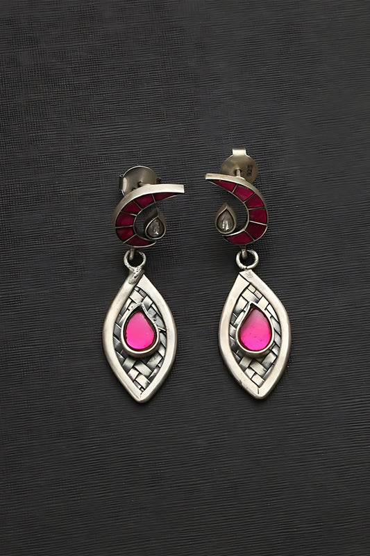 White Finish Pink Kundan Polki Temple Dangler Earrings In Sterling Silver