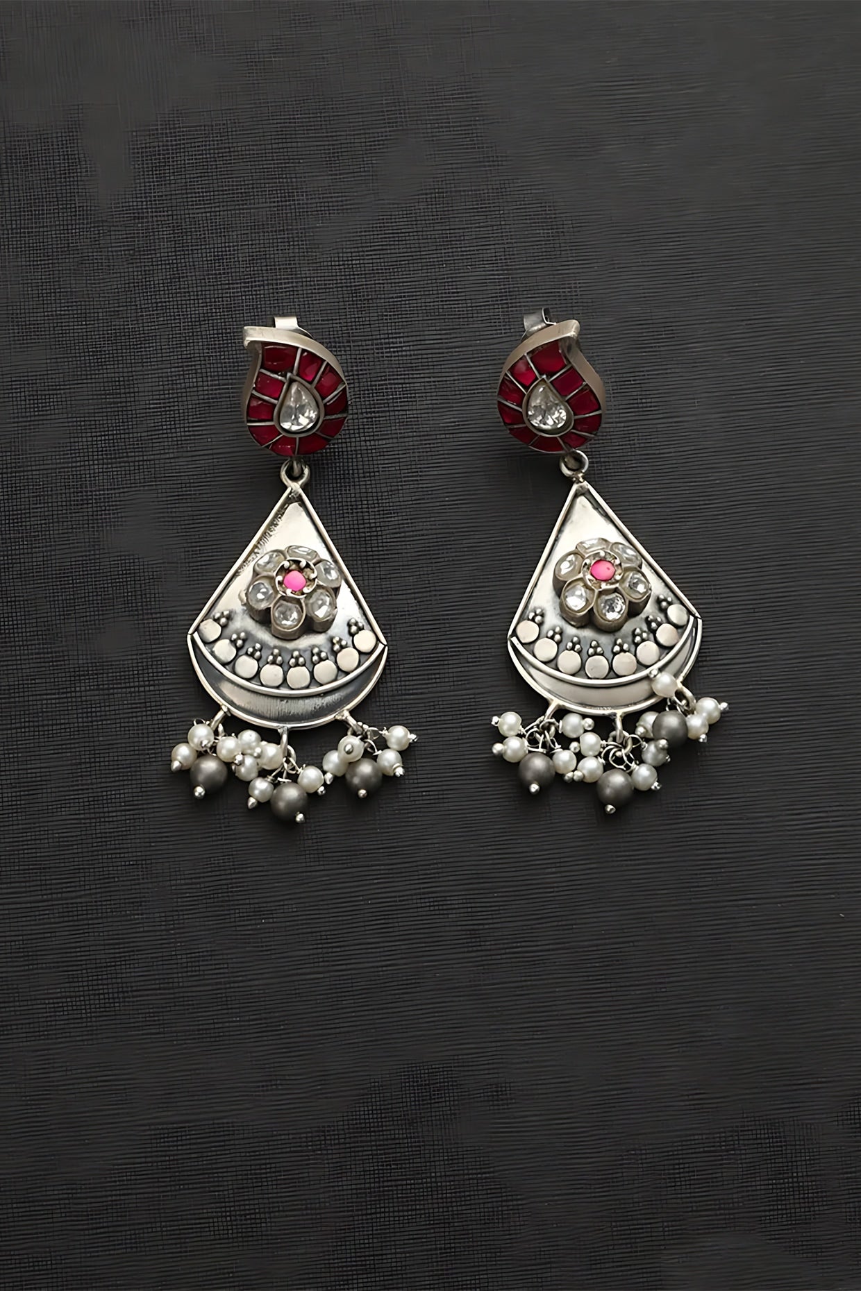 White Finish Pink Kundan Polki Temple Dangler Earrings In Sterling Silver