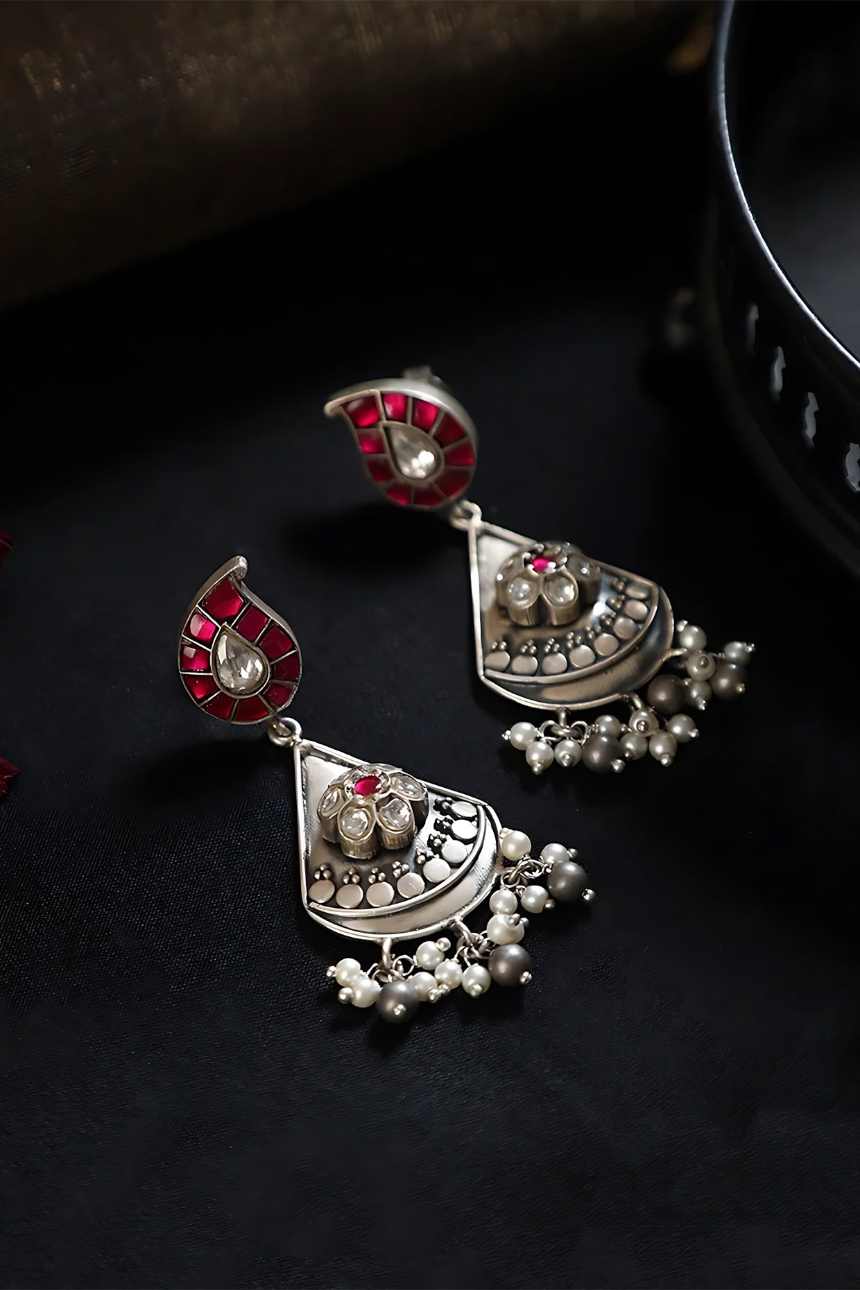 White Finish Pink Kundan Polki Temple Dangler Earrings In Sterling Silver