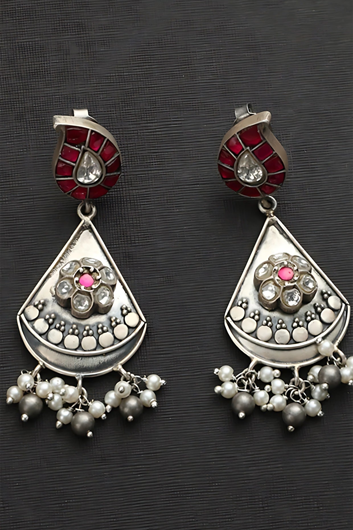 White Finish Pink Kundan Polki Temple Dangler Earrings In Sterling Silver