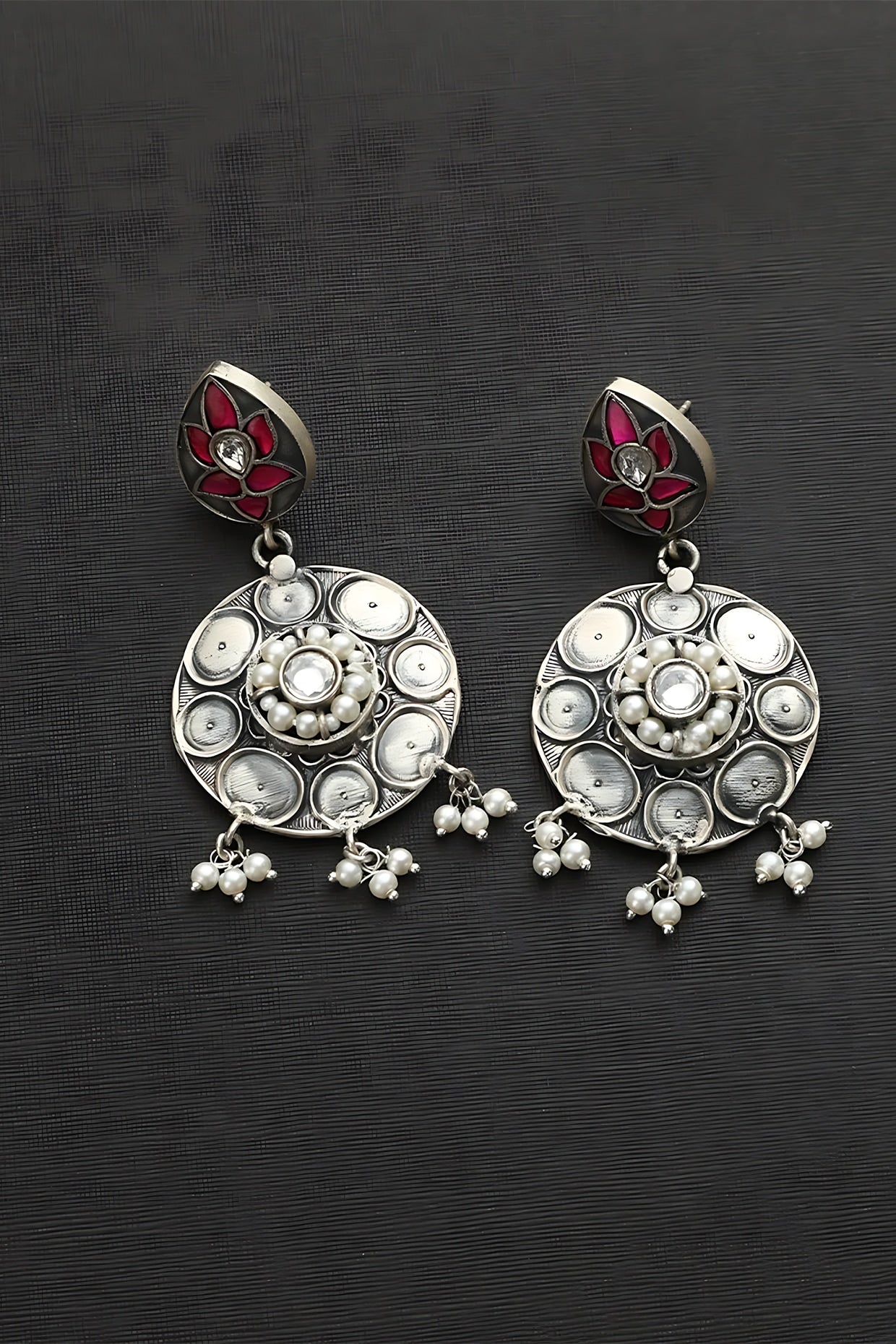 White Finish Pink Kundan Polki Temple Floral Earrings In Sterling Silver