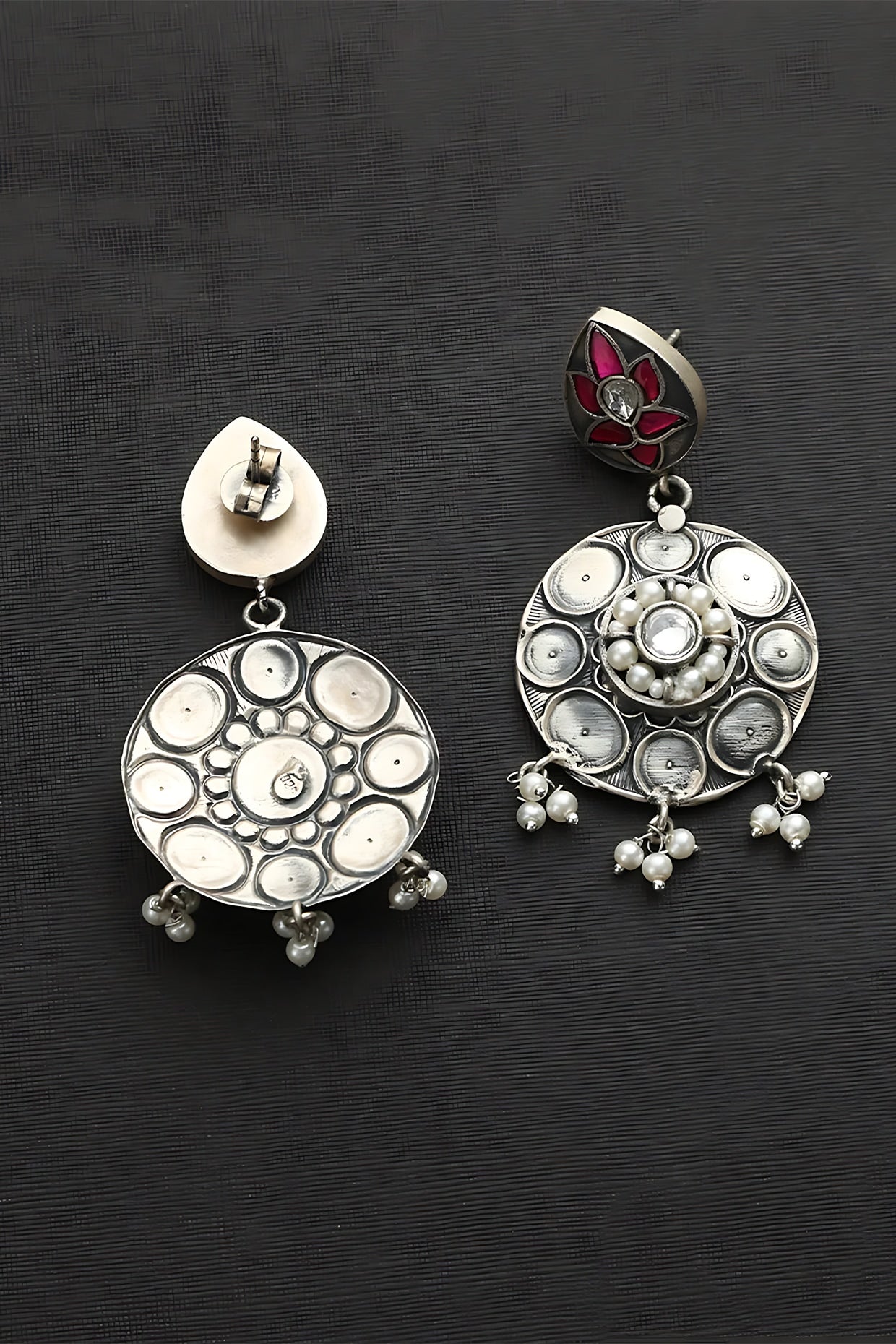 White Finish Pink Kundan Polki Temple Floral Earrings In Sterling Silver