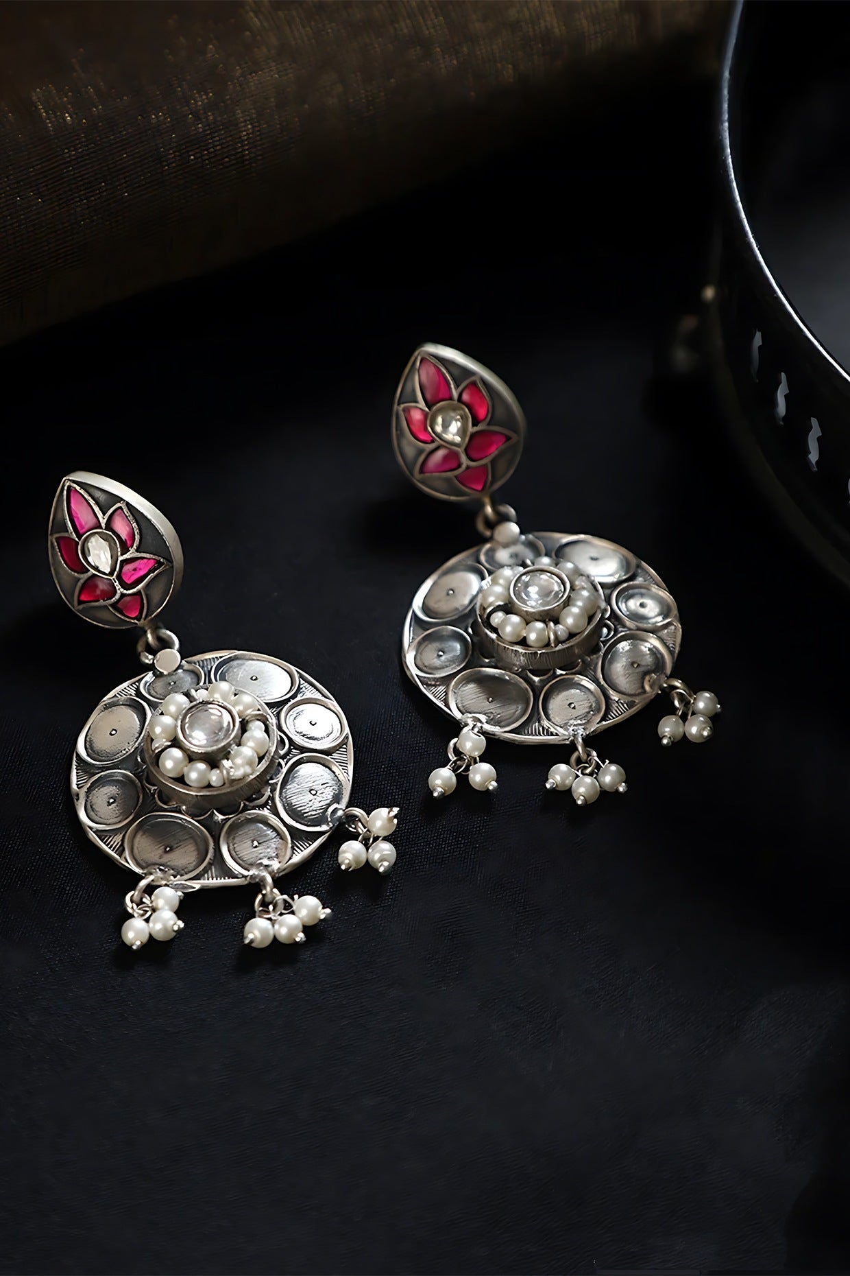 White Finish Pink Kundan Polki Temple Floral Earrings In Sterling Silver