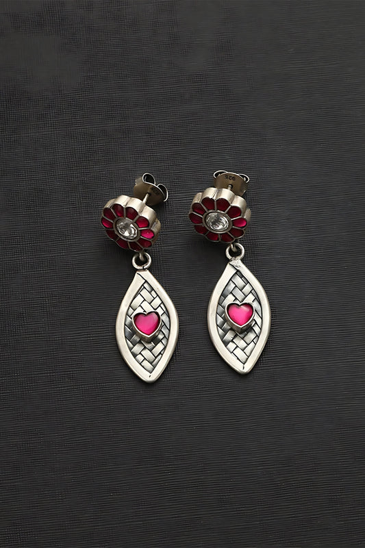 White Finish Pink Kundan Polki Temple Heart Earrings In Sterling Silver