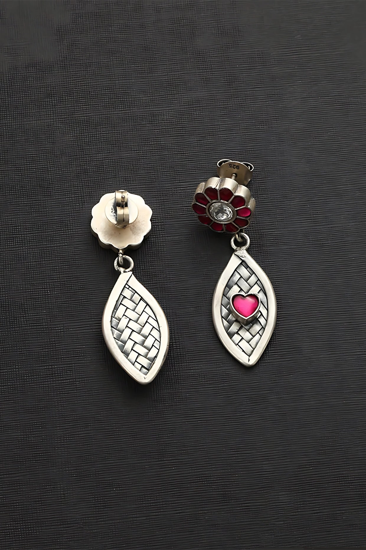 White Finish Pink Kundan Polki Temple Heart Earrings In Sterling Silver