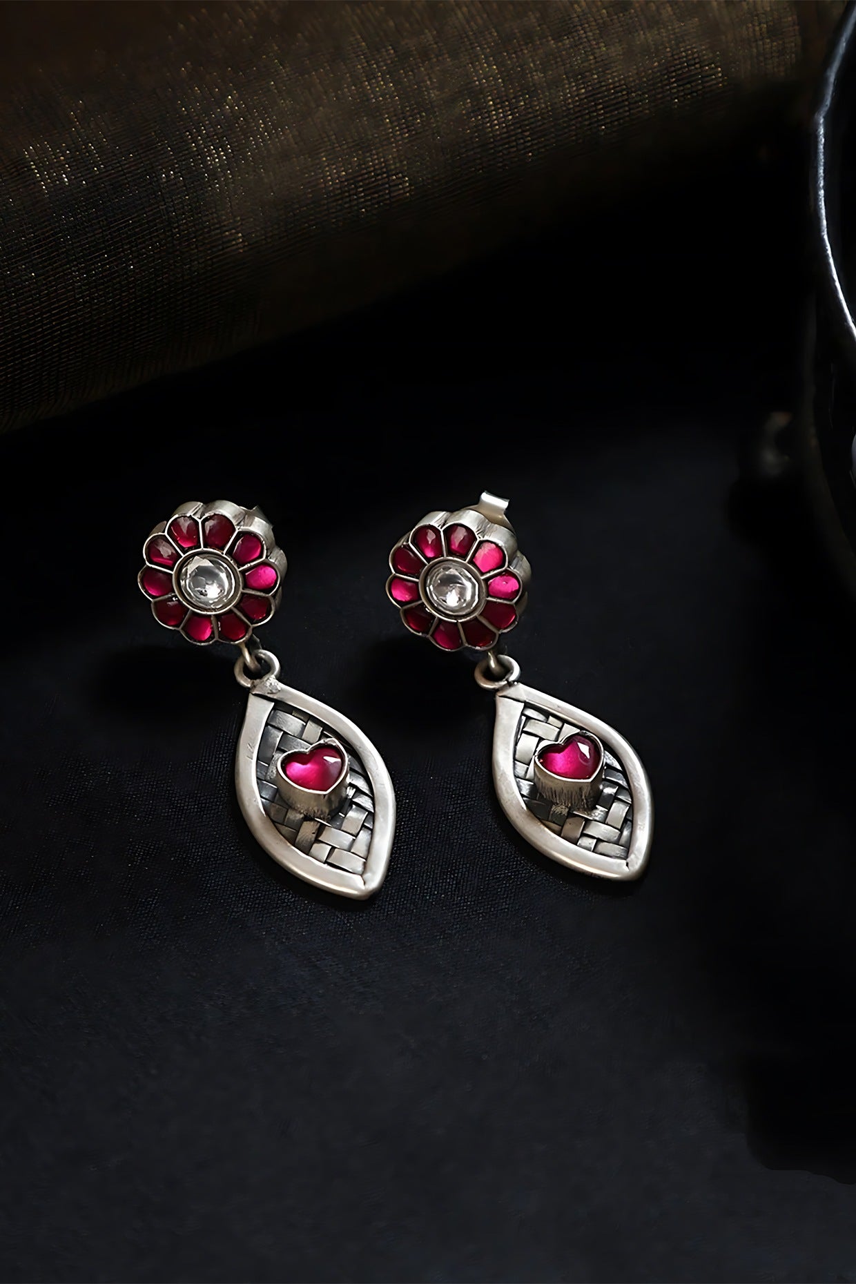 White Finish Pink Kundan Polki Temple Heart Earrings In Sterling Silver