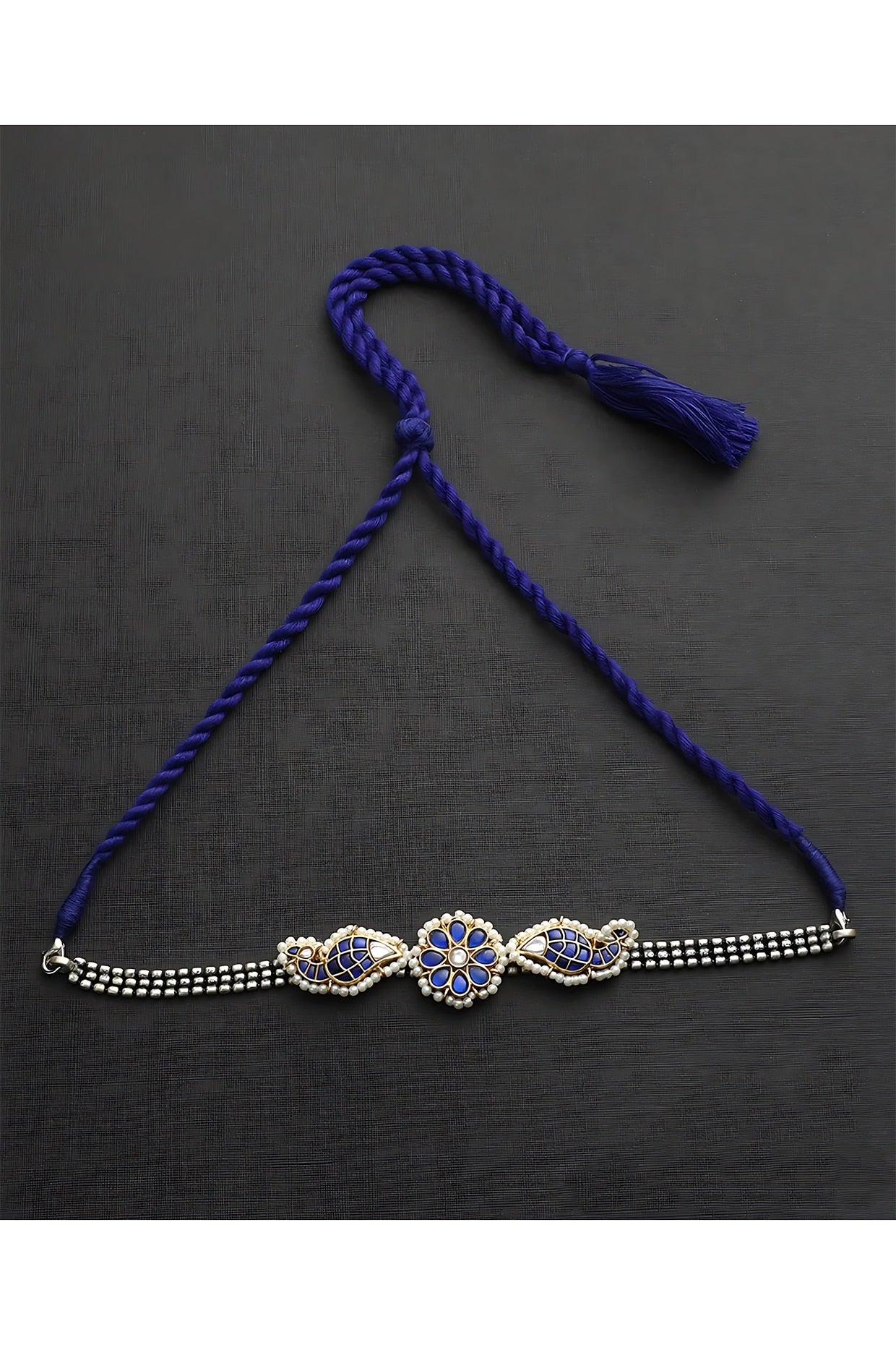 Two-Tone Finish Blue Kundan Polki Choker Necklace In Sterling Silver