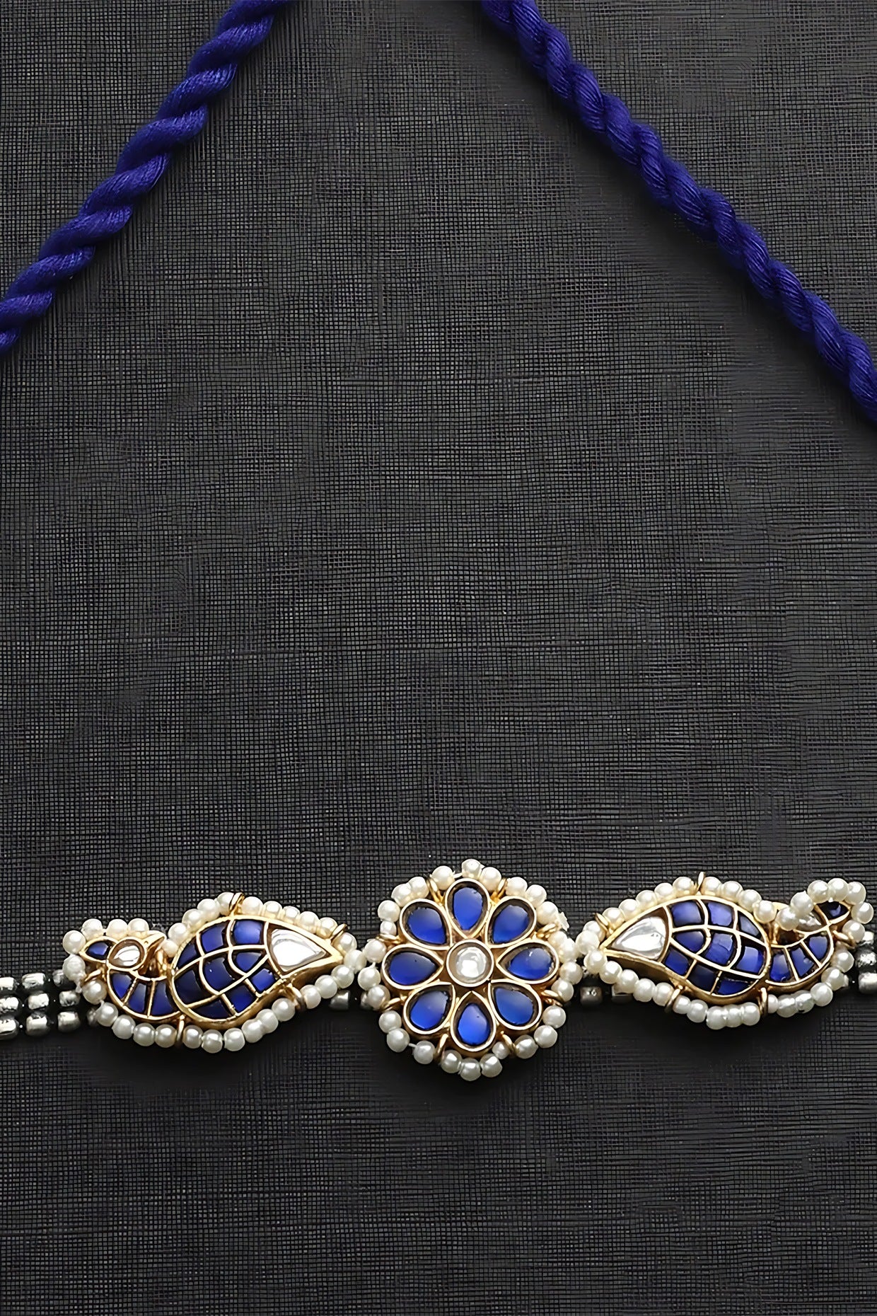 Two-Tone Finish Blue Kundan Polki Choker Necklace In Sterling Silver