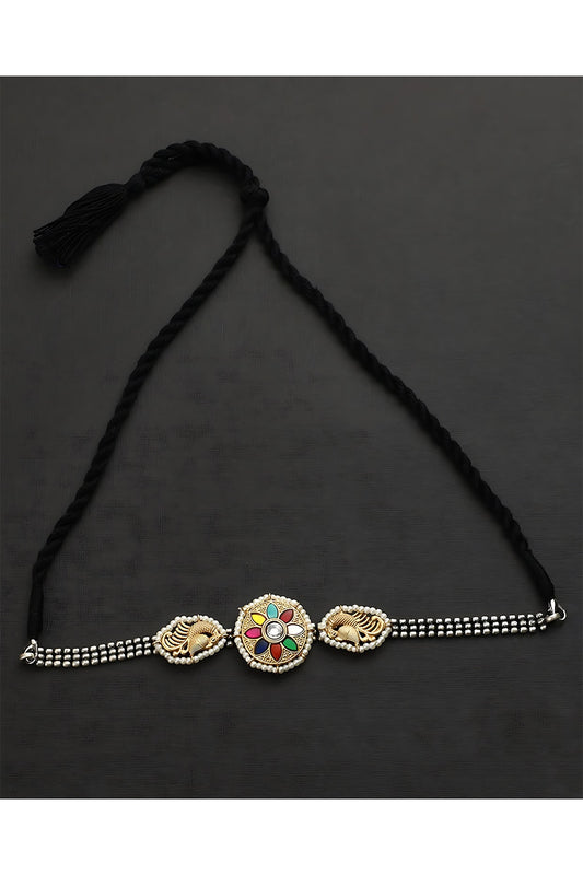 Two-Tone Finish Multi-Colored Kundan Polki Temple Choker Necklace In Sterling Silver