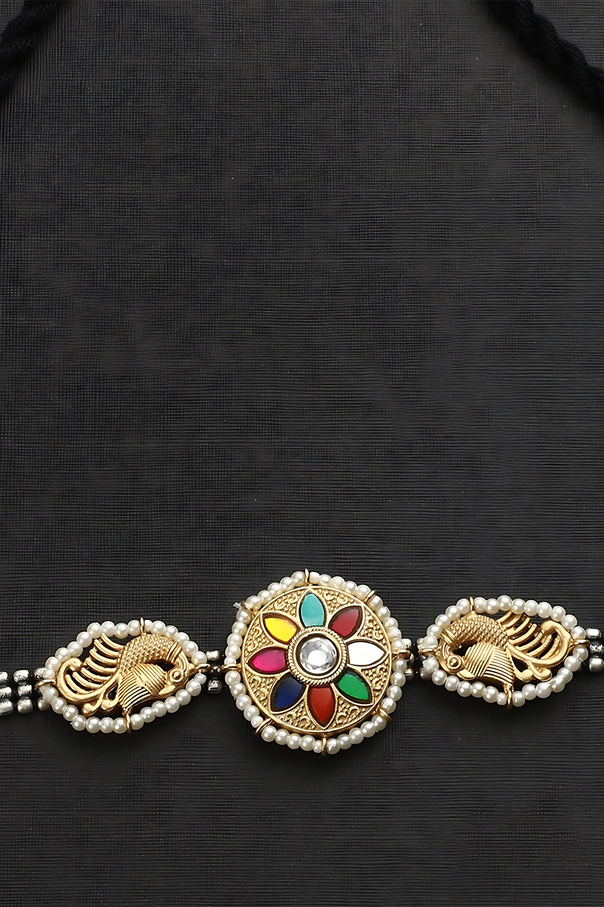 Two-Tone Finish Multi-Colored Kundan Polki Temple Choker Necklace In Sterling Silver