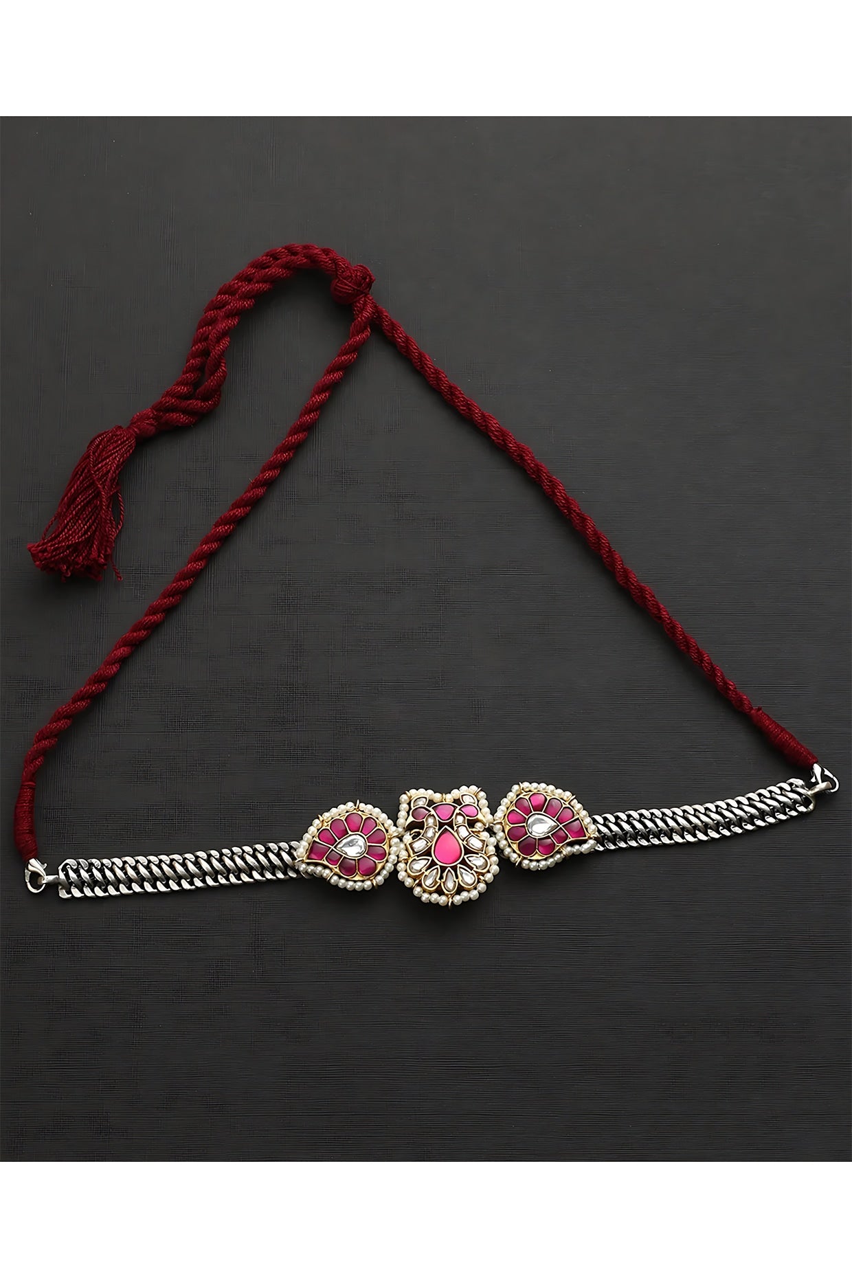 Two-Tone Finish Pink Kundan Polki Temple Choker Necklace In Sterling Silver