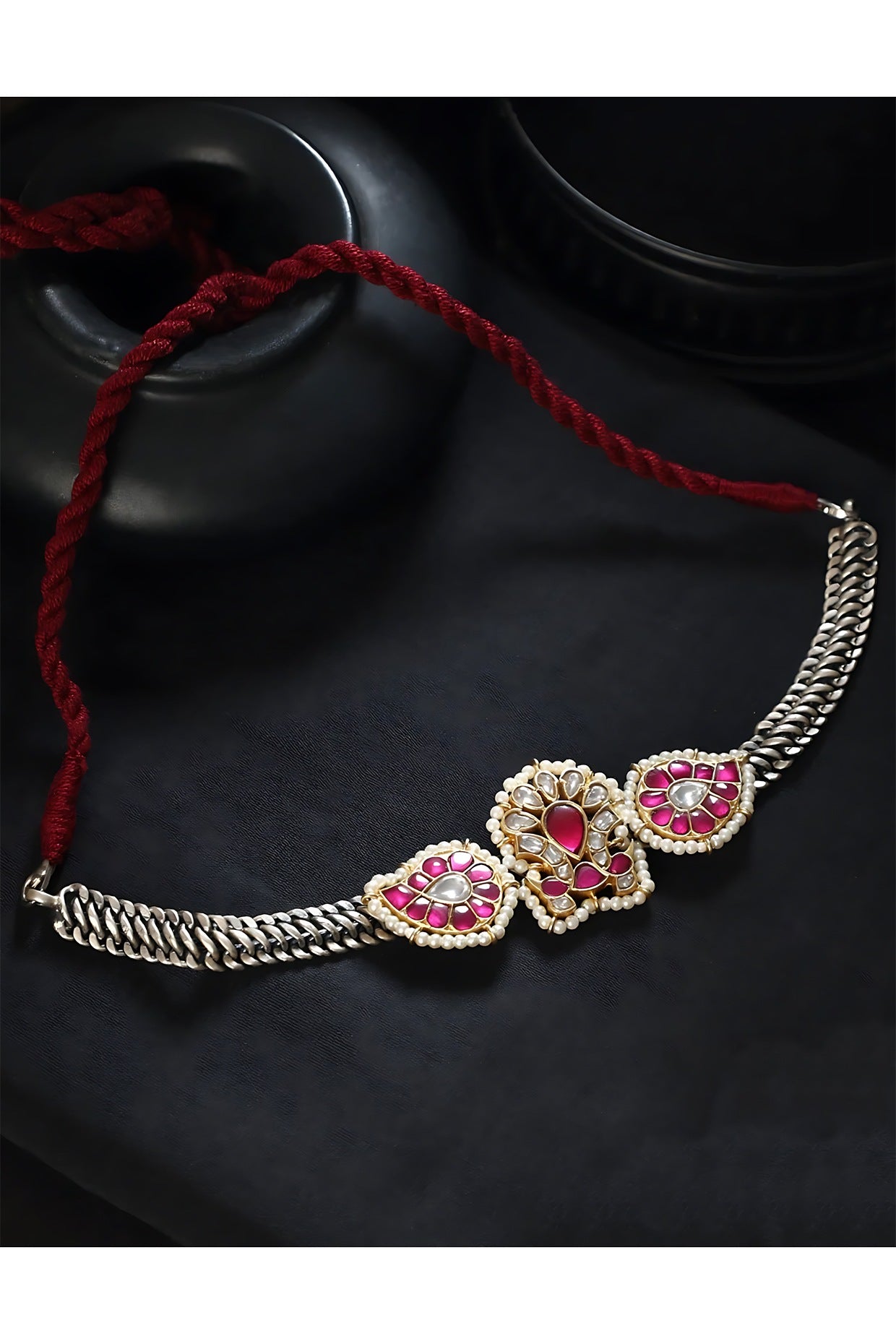 Two-Tone Finish Pink Kundan Polki Temple Choker Necklace In Sterling Silver