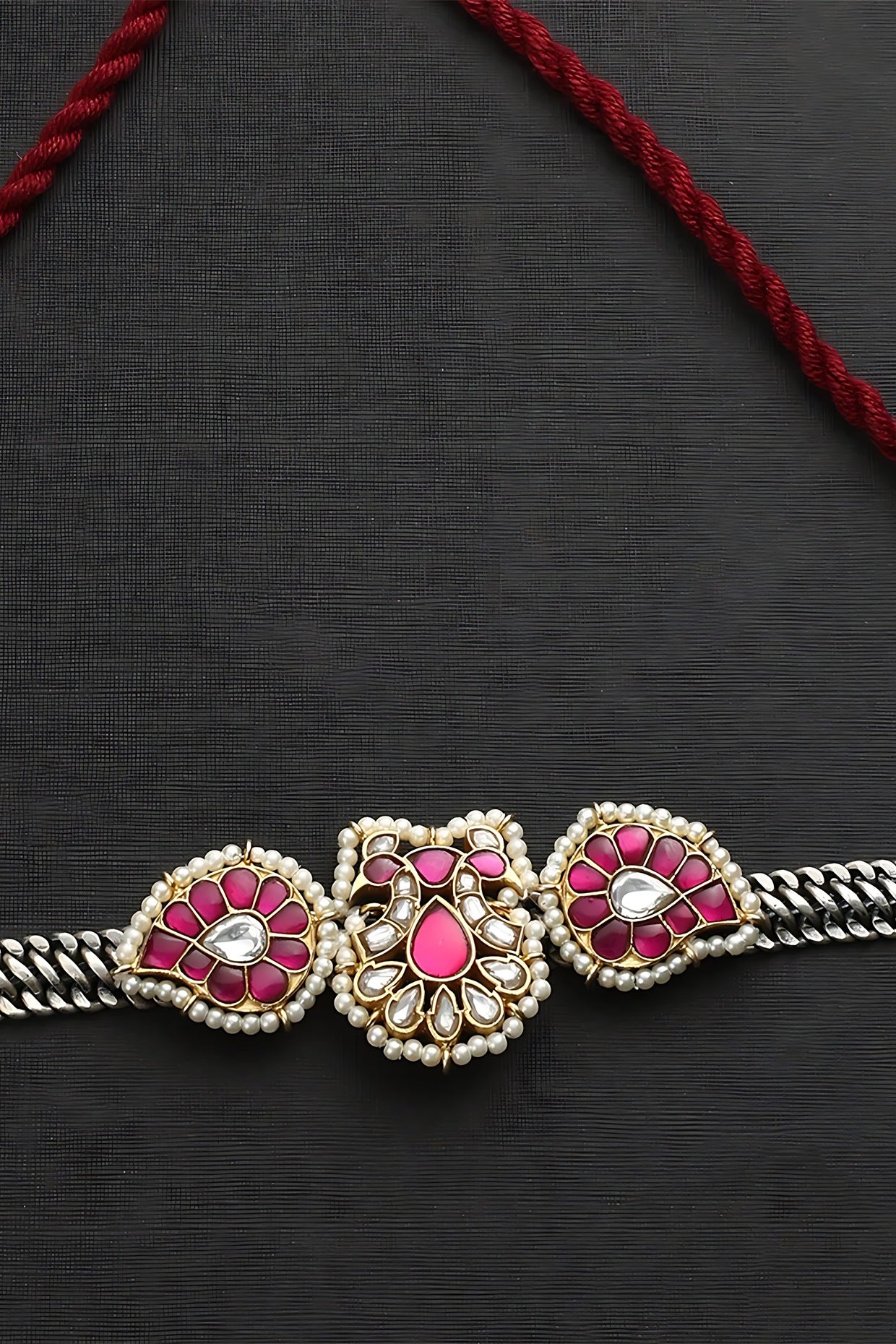 Two-Tone Finish Pink Kundan Polki Temple Choker Necklace In Sterling Silver