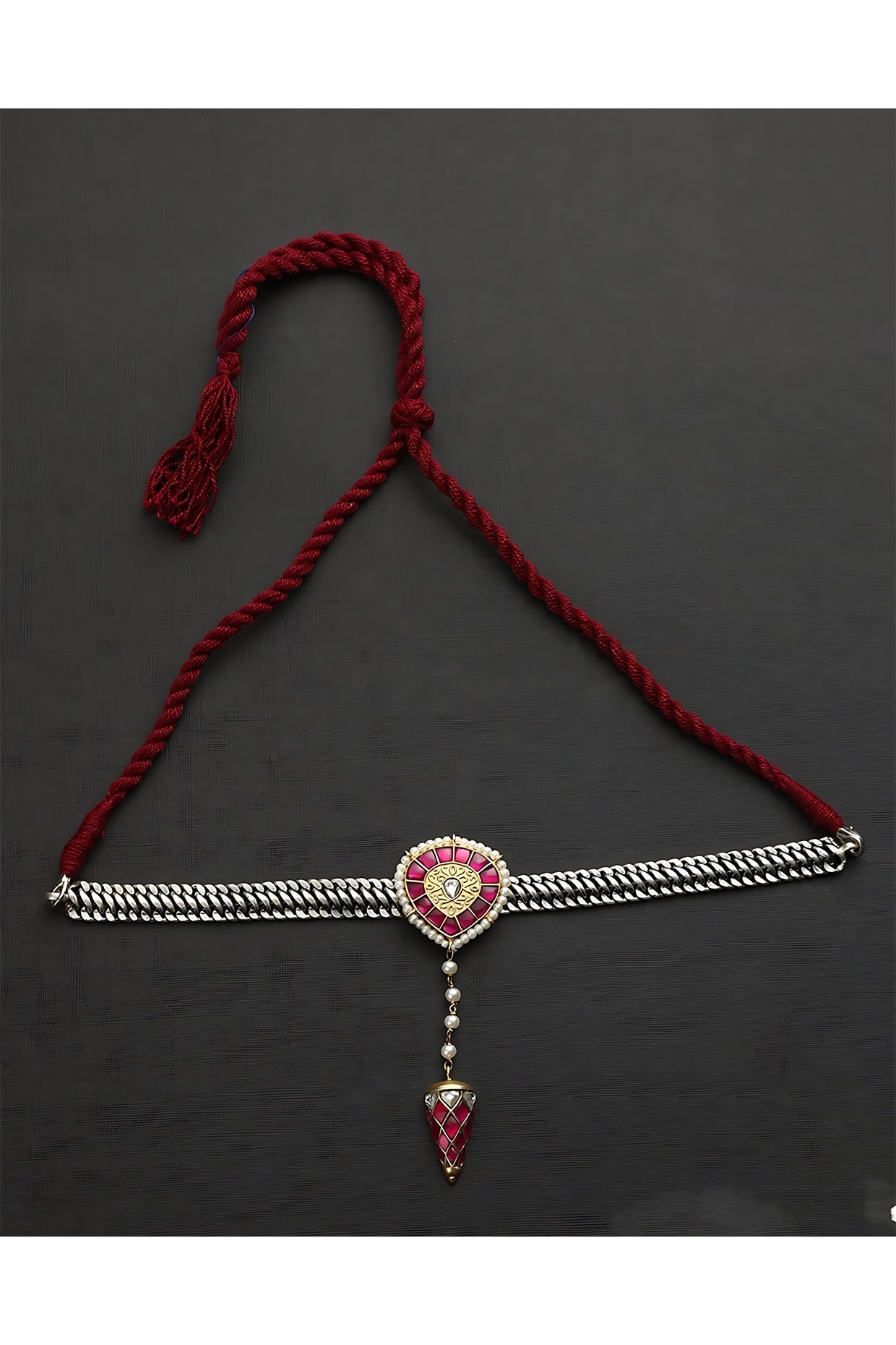 Two-Tone Finish Pink Kundan Polki Temple Choker Necklace In Sterling Silver