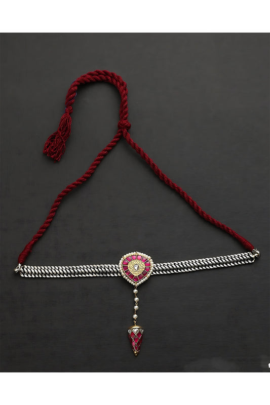 Two-Tone Finish Pink Kundan Polki Temple Choker Necklace In Sterling Silver