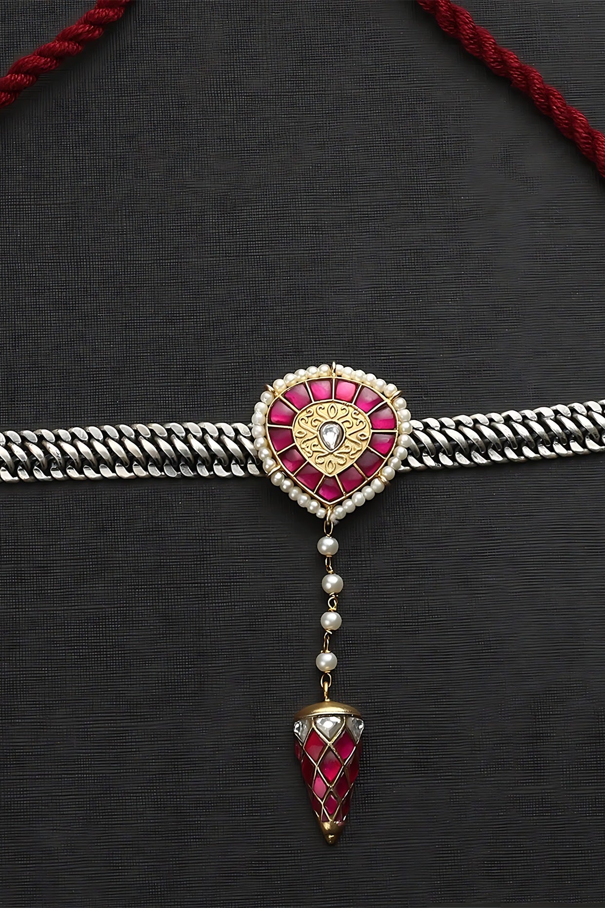 Two-Tone Finish Pink Kundan Polki Temple Choker Necklace In Sterling Silver