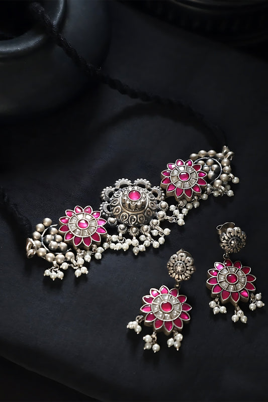 White Finish Pink & White Kundan Polki Temple Choker Necklace Set In Sterling Silver