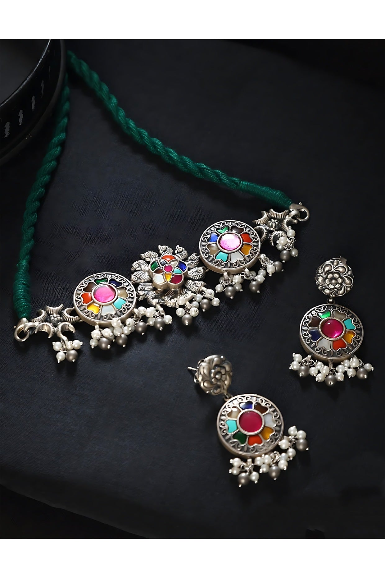 White Finish Multi-Colored Kundan Polki & Pearl Temple Choker Necklace Set In Sterling Silver