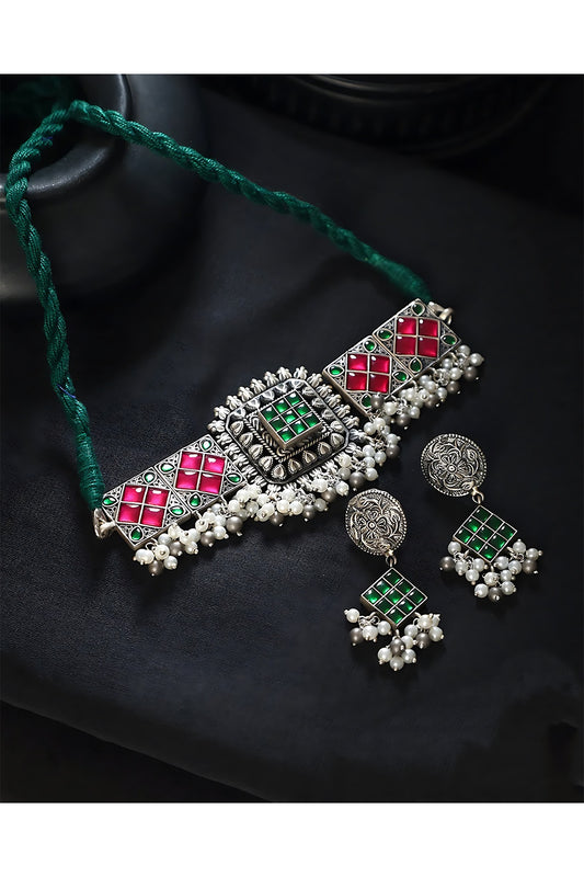 White Finish Green & Red Kundan Polki Temple Choker Necklace Set In Sterling Silver