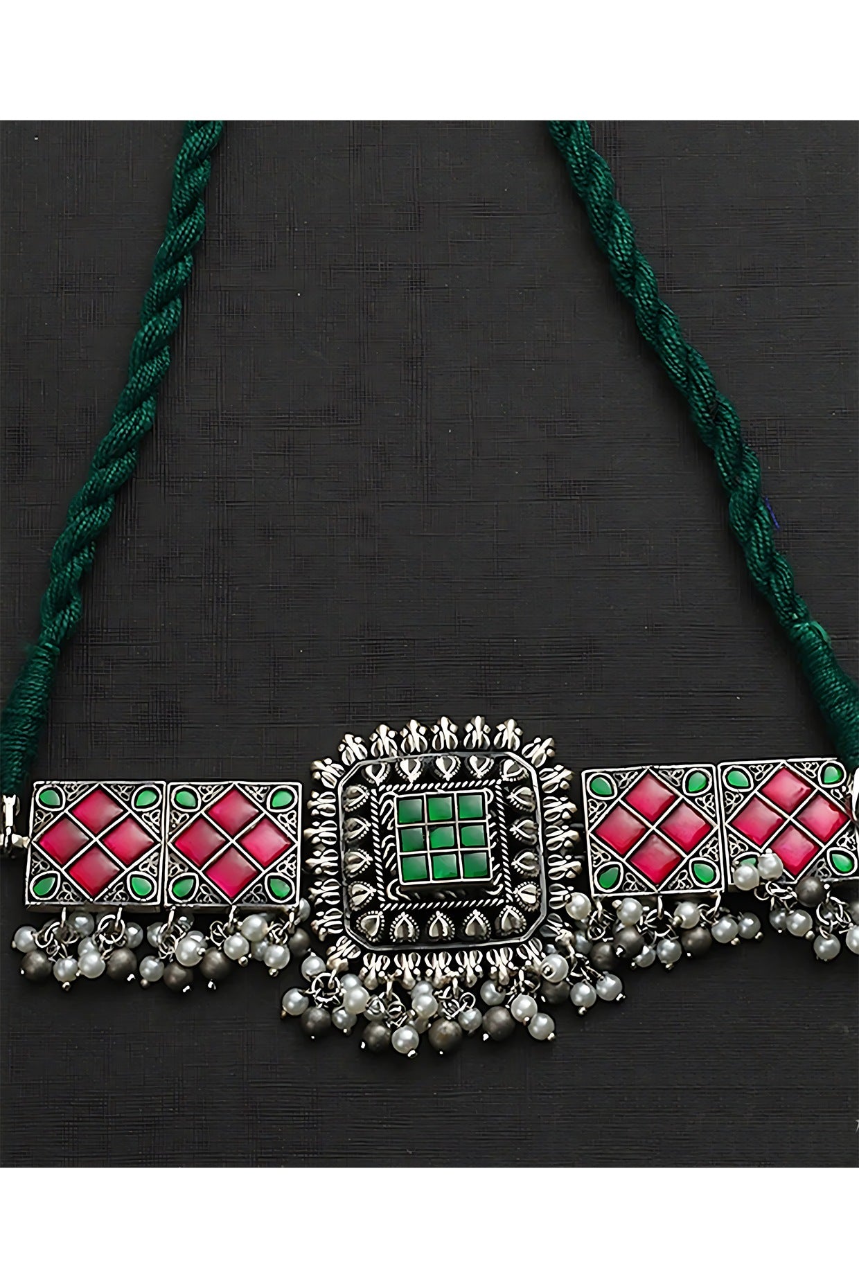 White Finish Green & Red Kundan Polki Temple Choker Necklace Set In Sterling Silver