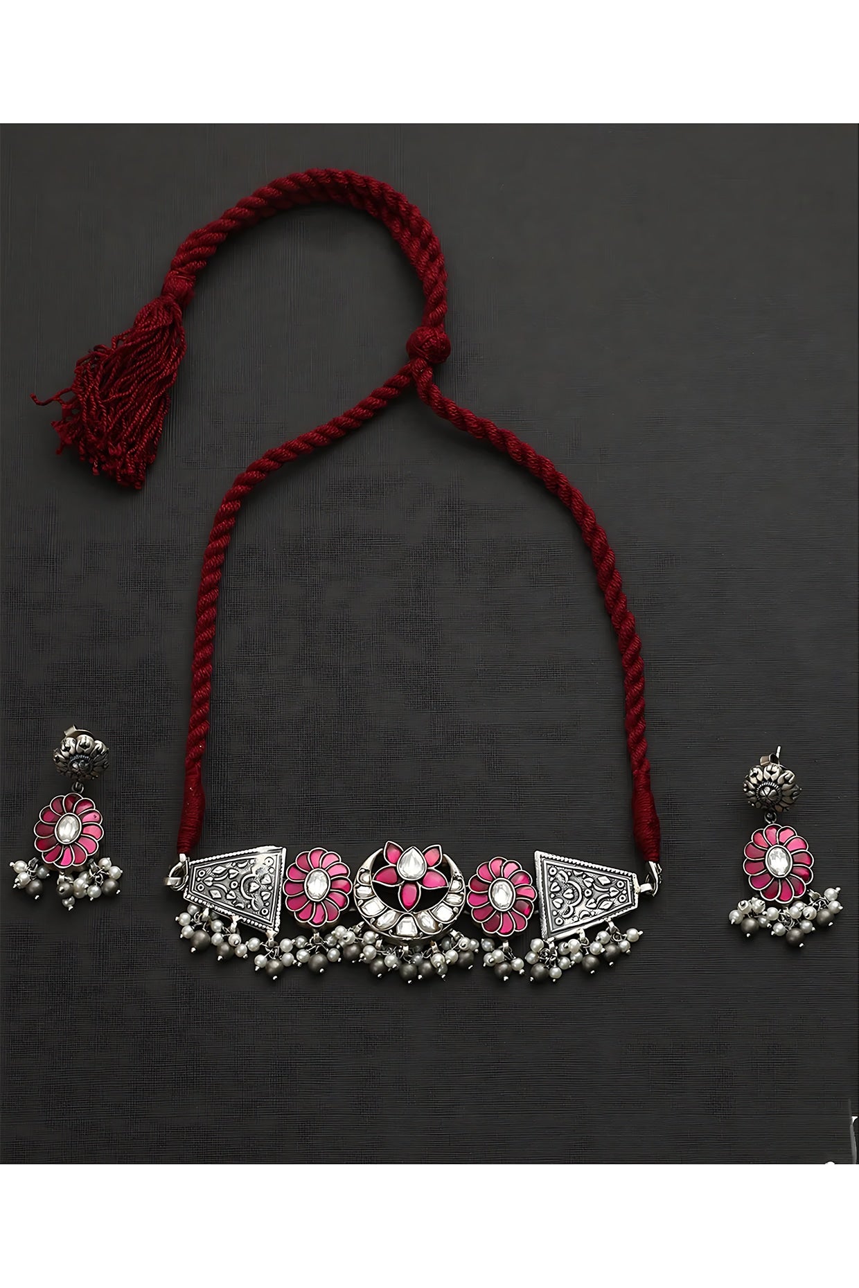 White Finish Pink Kundan Polki Temple Floral Choker Necklace Set In Sterling Silver