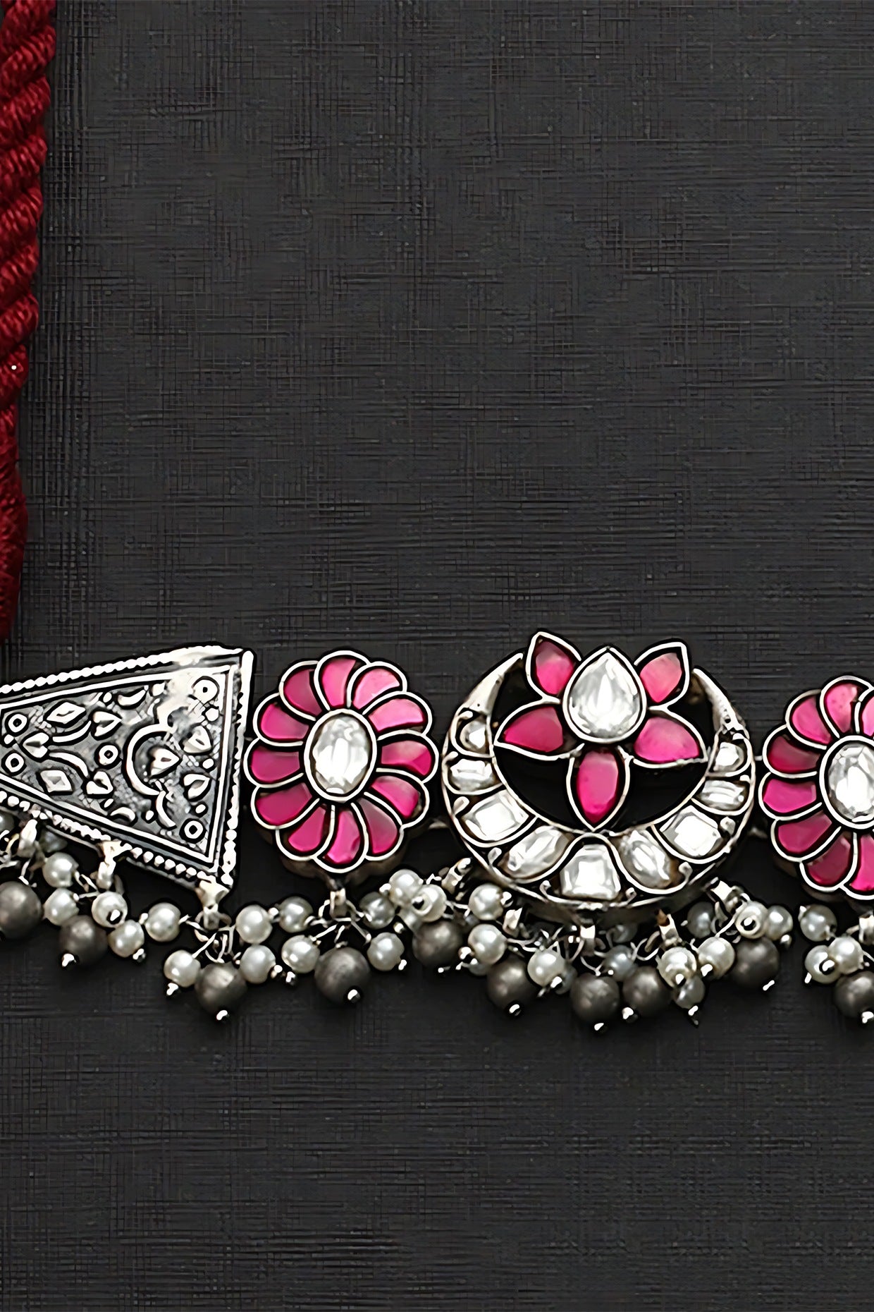 White Finish Pink Kundan Polki Temple Floral Choker Necklace Set In Sterling Silver