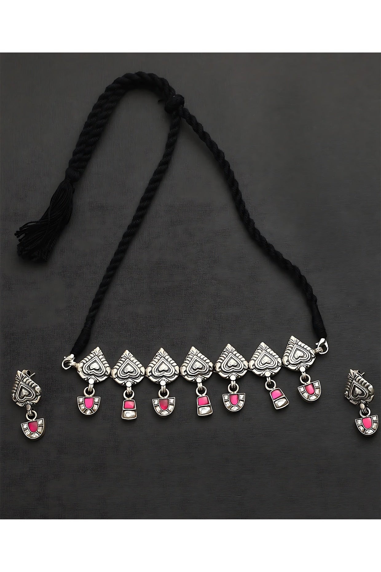 White Finish Pink Kundan Polki Temple Choker Necklace Set In Sterling Silver