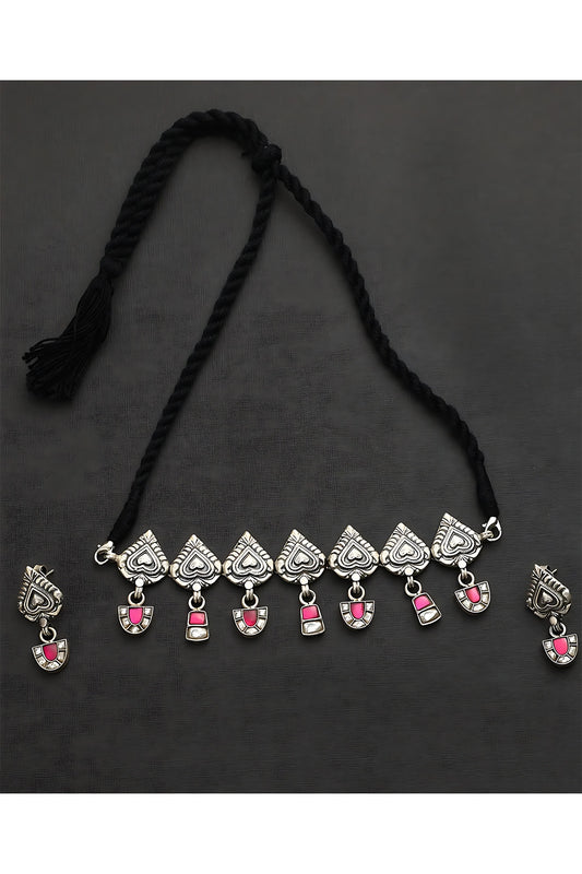 White Finish Pink Kundan Polki Temple Choker Necklace Set In Sterling Silver