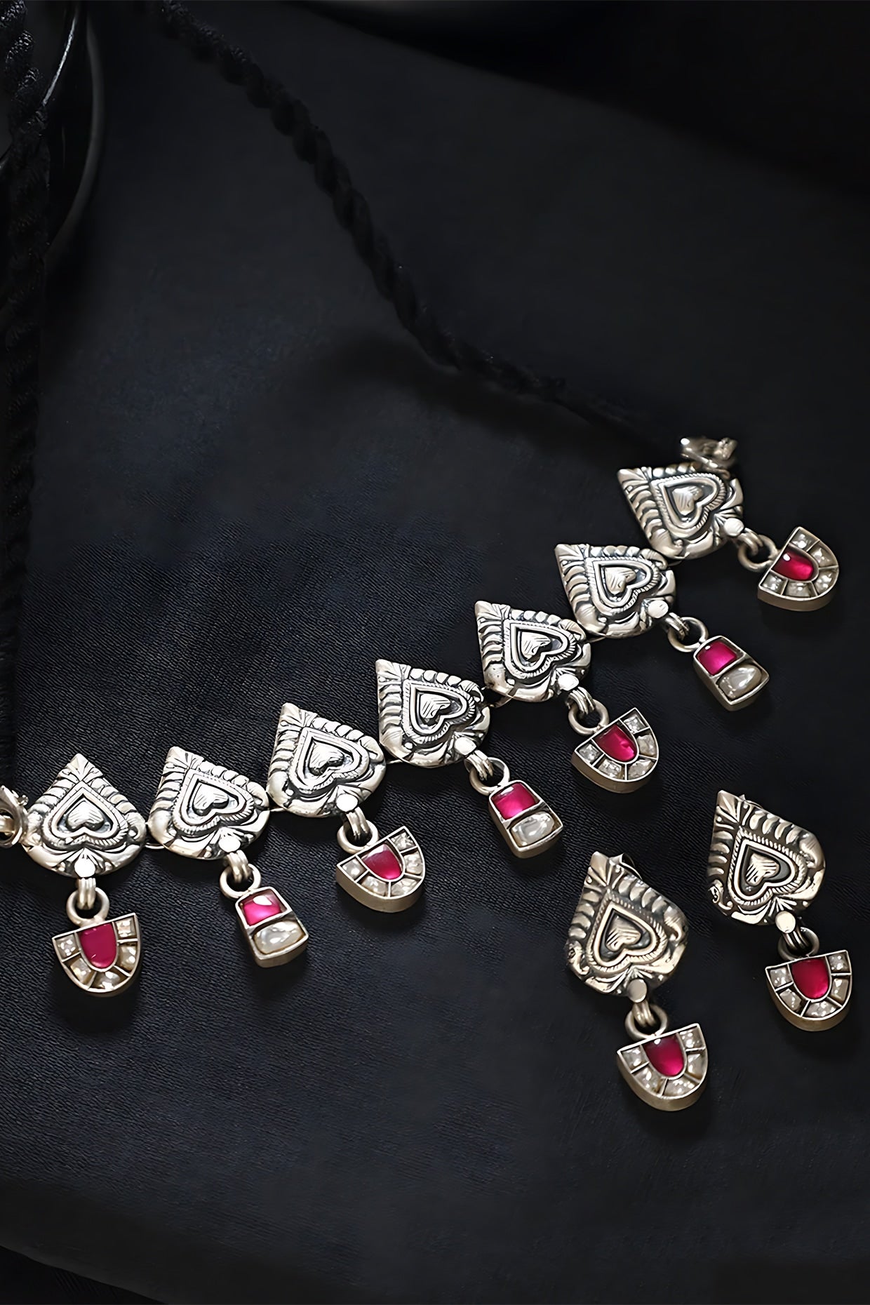 White Finish Pink Kundan Polki Temple Choker Necklace Set In Sterling Silver