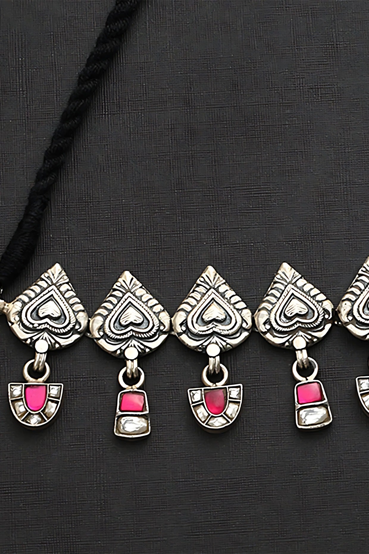 White Finish Pink Kundan Polki Temple Choker Necklace Set In Sterling Silver