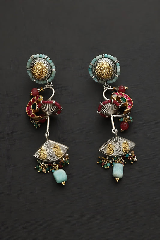 Two Tone Finish Multi-Colored Stone & Kundan Polki Temple Earrings In Sterling Silver