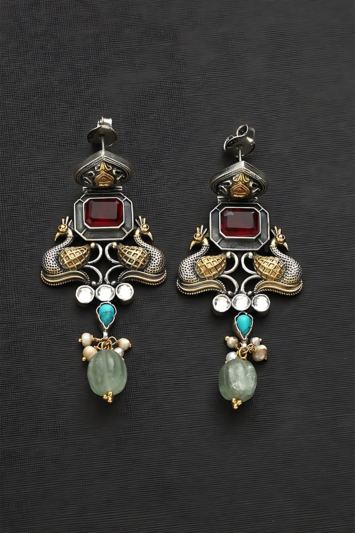 Two Tone Finish Multi-Colored Stone & Kundan Polki Temple Earrings In Sterling Silver