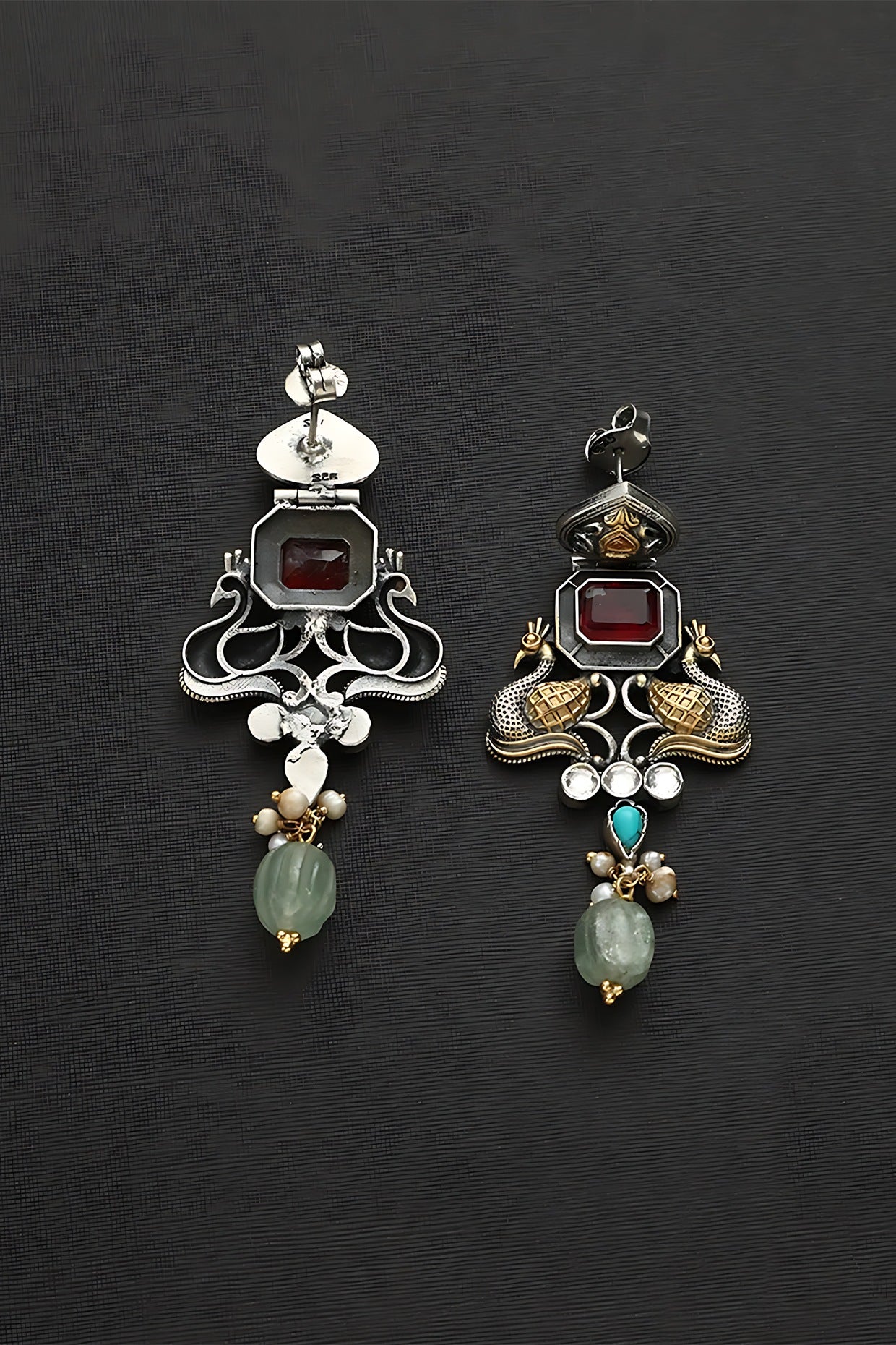 Two Tone Finish Multi-Colored Stone & Kundan Polki Temple Earrings In Sterling Silver