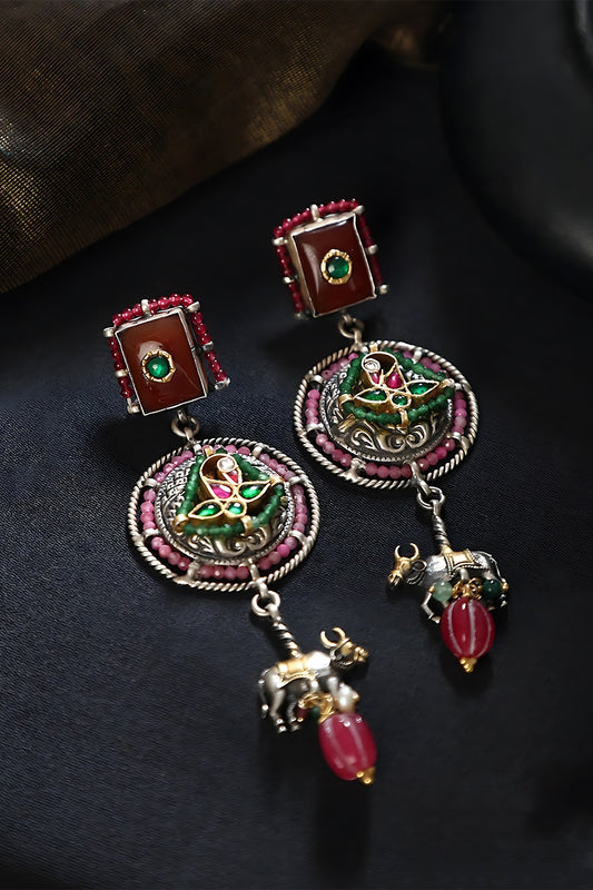 Two Tone Finish Multi-Colored Stone & Kundan Polki Temple Earrings In Sterling Silver