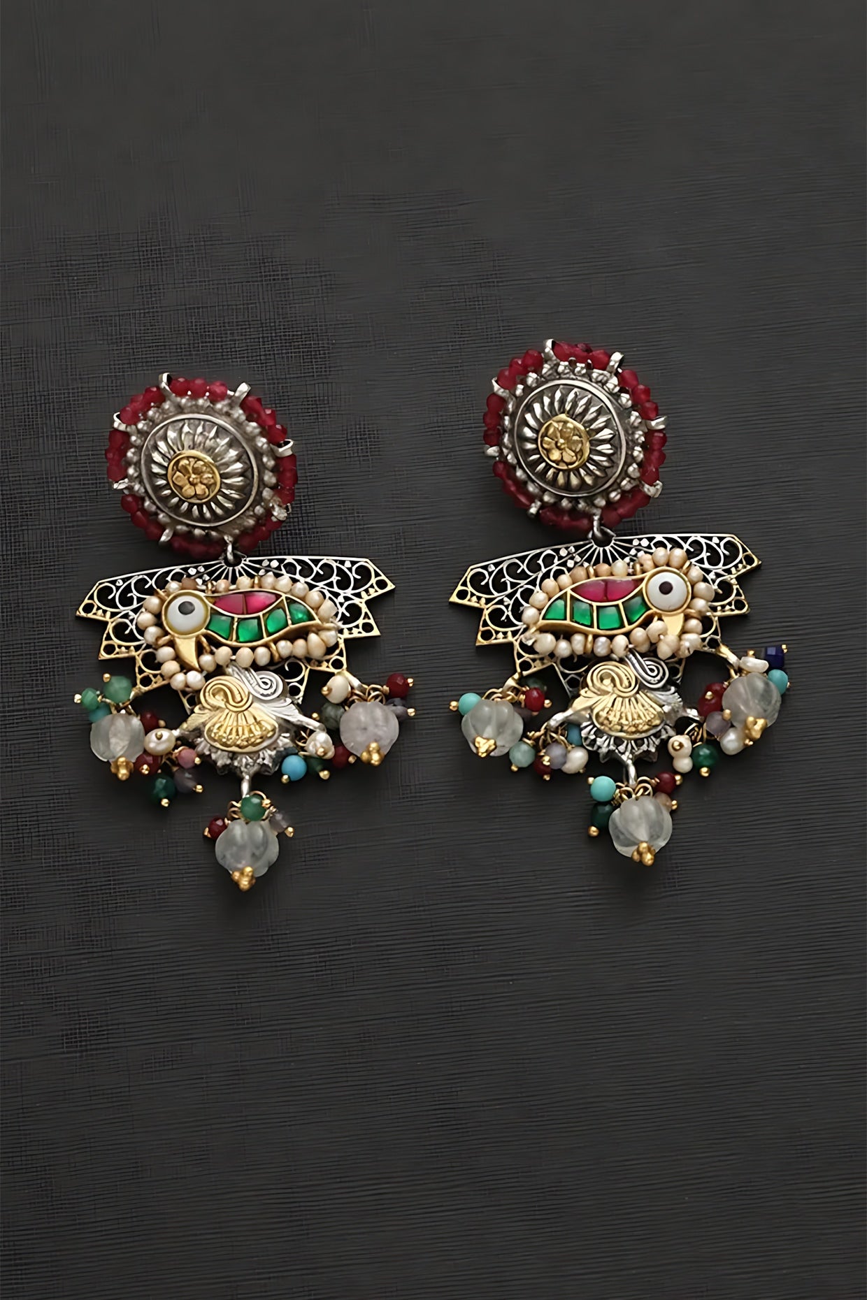 Two Tone Finish Multi-Colored Stone & Kundan Polki Peacock Temple Earrings In Sterling Silver