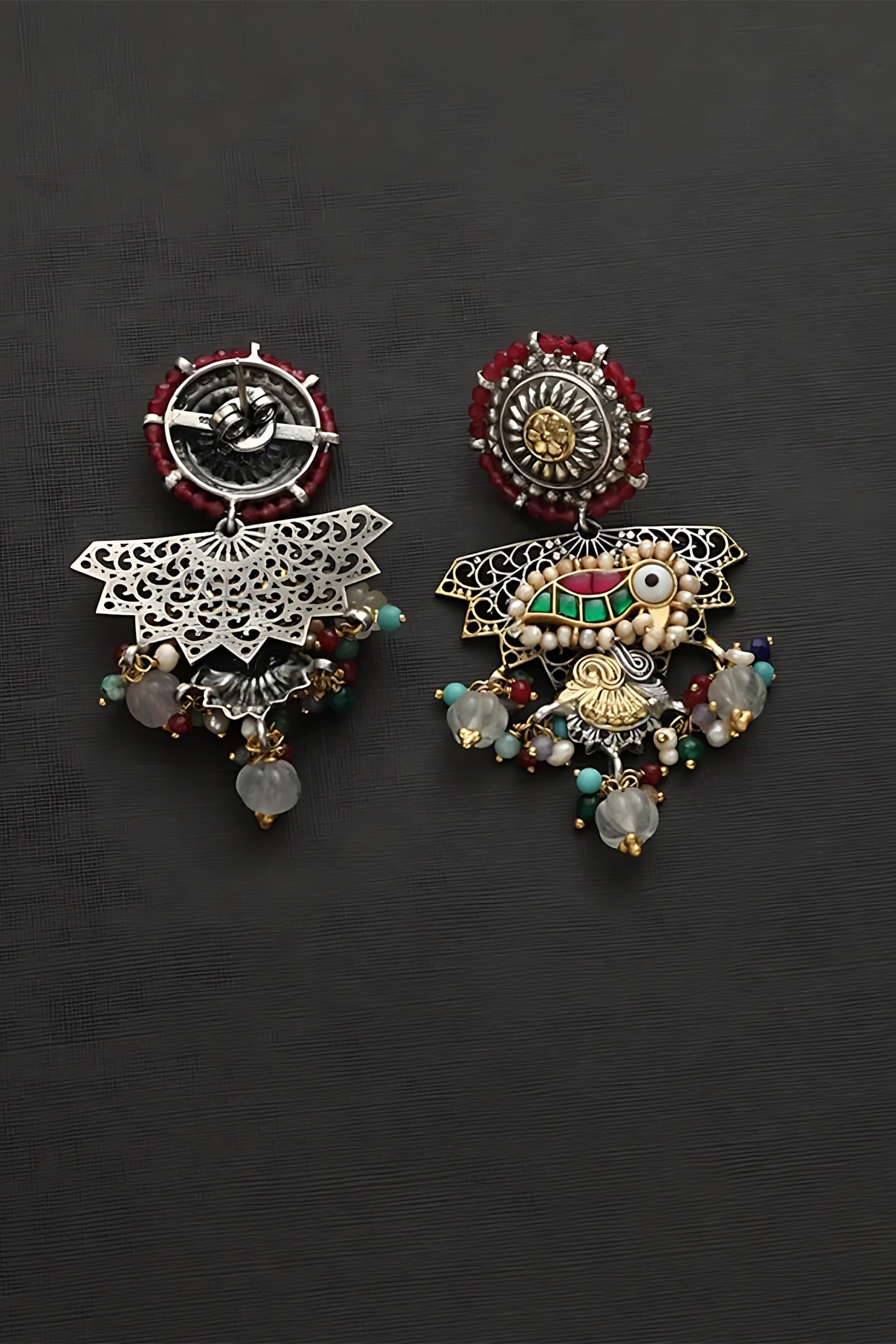 Two Tone Finish Multi-Colored Stone & Kundan Polki Peacock Temple Earrings In Sterling Silver