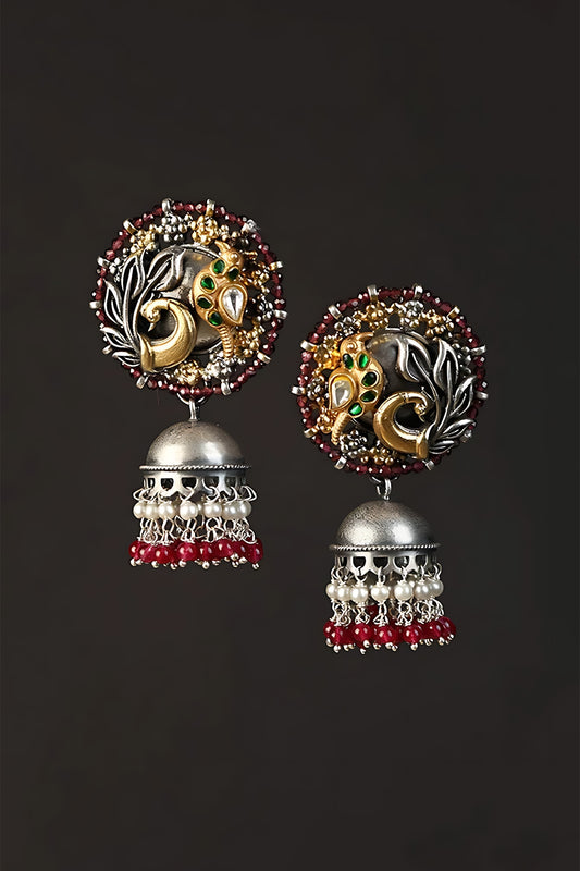 Two Tone Finish Multi-Colored Stone & Kundan Polki Temple Jhumka Earrings In Sterling Silver