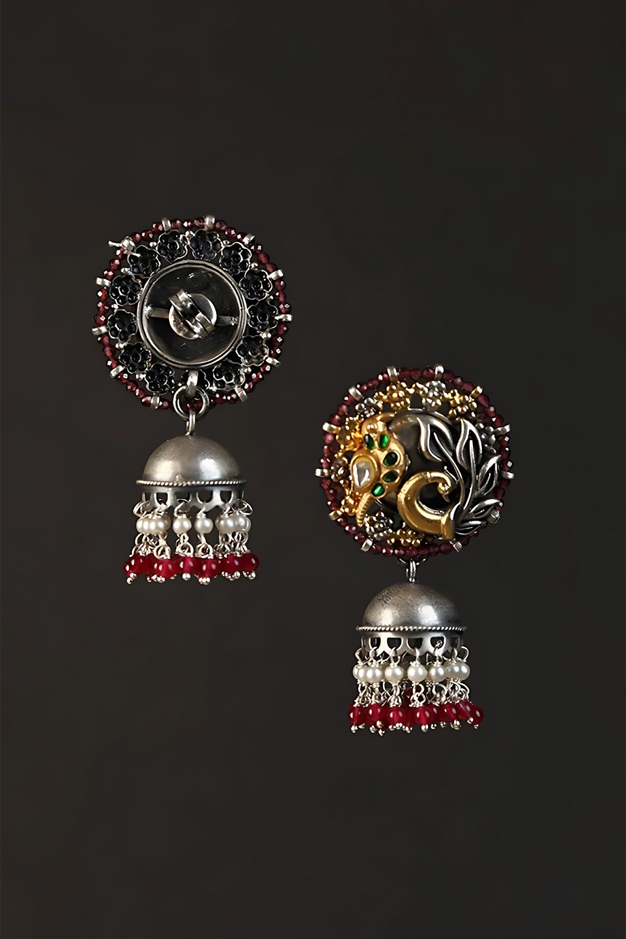 Two Tone Finish Multi-Colored Stone & Kundan Polki Temple Jhumka Earrings In Sterling Silver