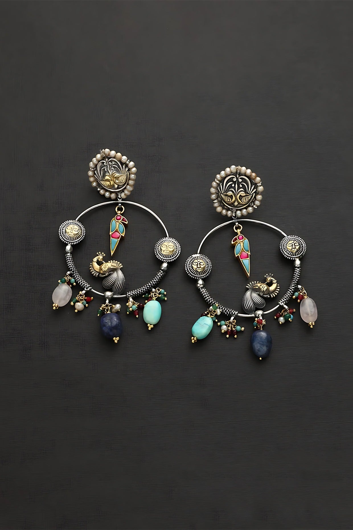 Two Tone Finish Multi-Colored Stone & Kundan Polki Temple Dangler Earrings In Sterling Silver