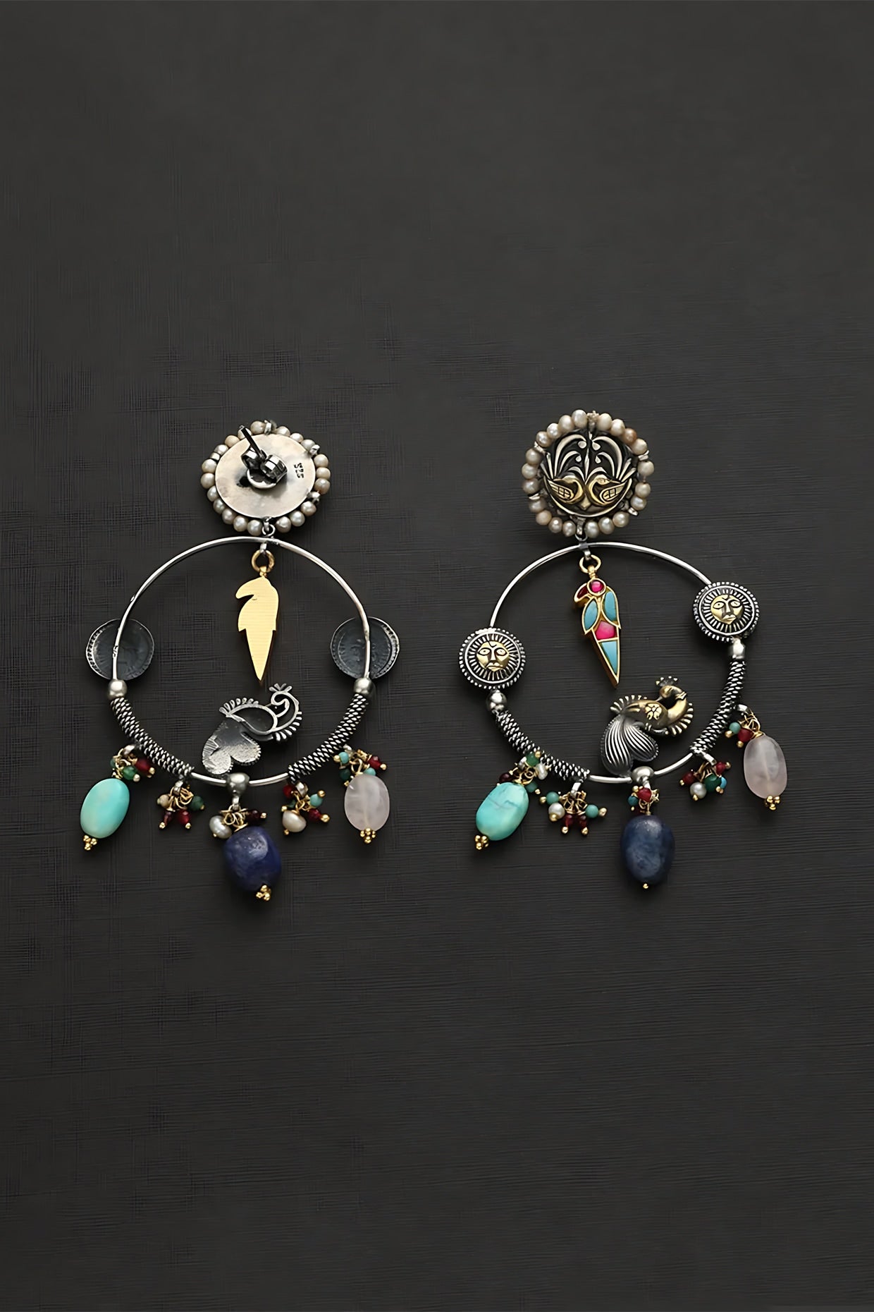 Two Tone Finish Multi-Colored Stone & Kundan Polki Temple Dangler Earrings In Sterling Silver